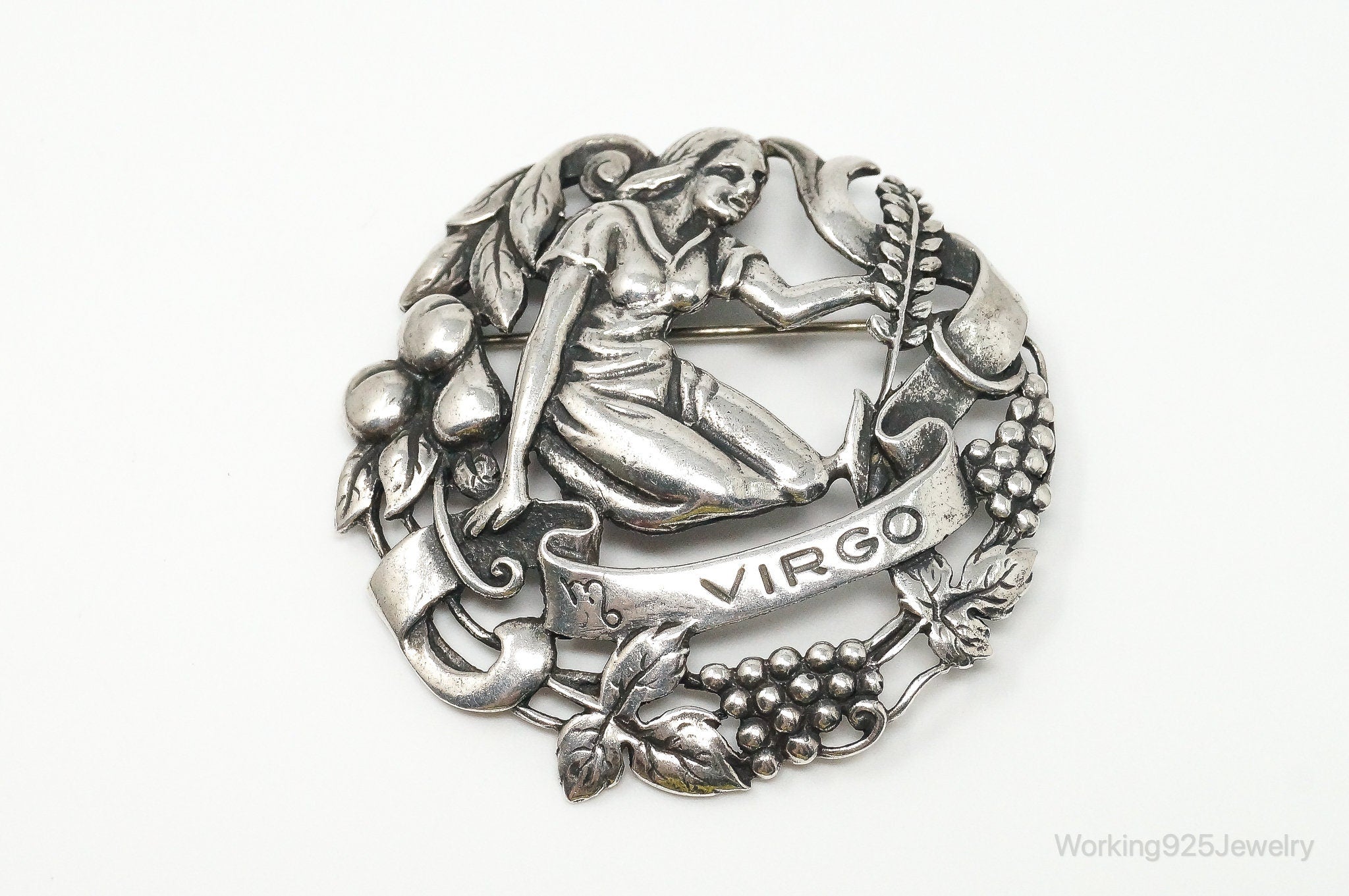 RARE Large Vintage Designer Peruzzi Zodiac VIRGO Sterling Silver Pin Brooch