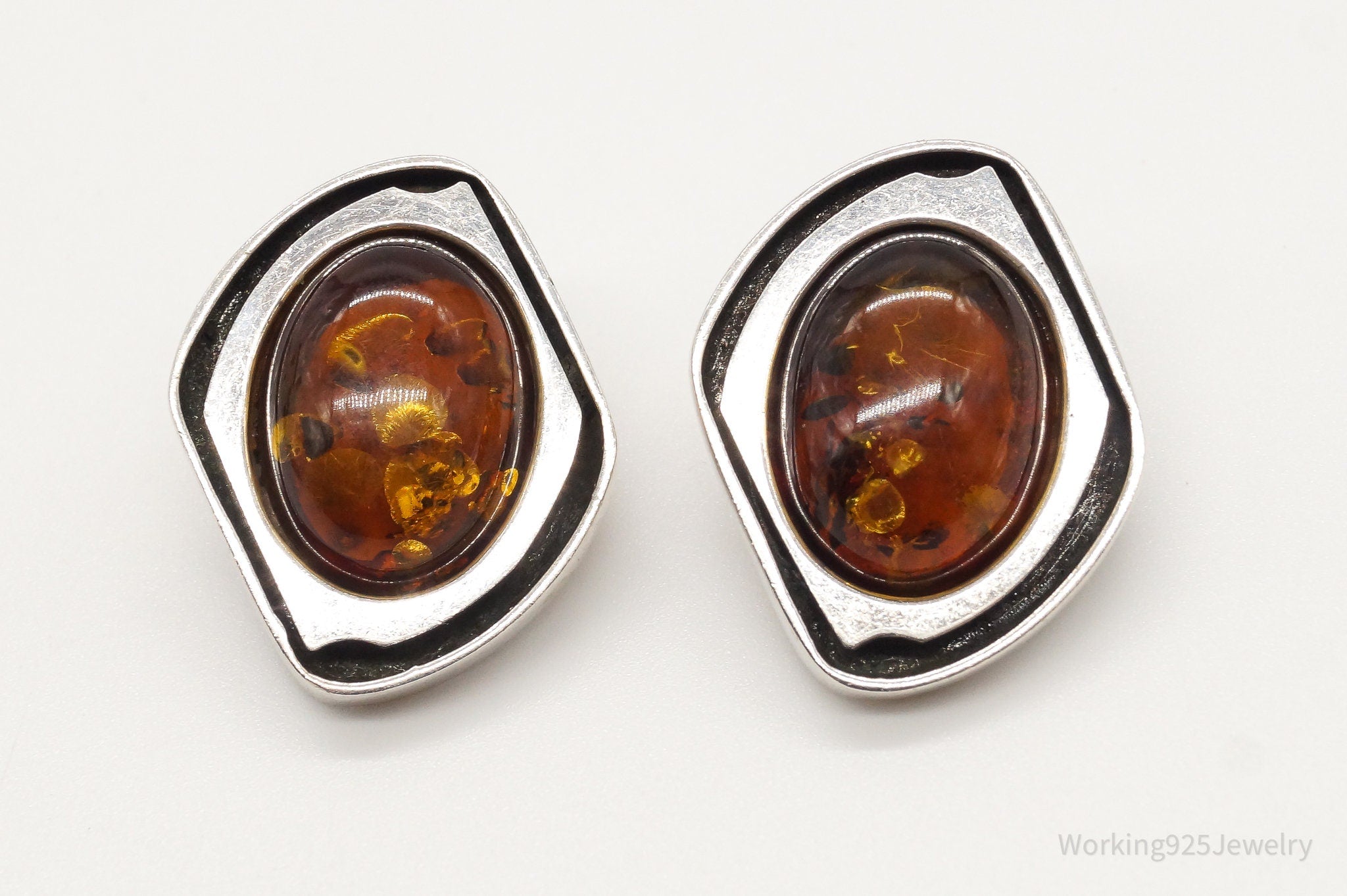 Vintage Amber Modernist Sterling Silver Earrings