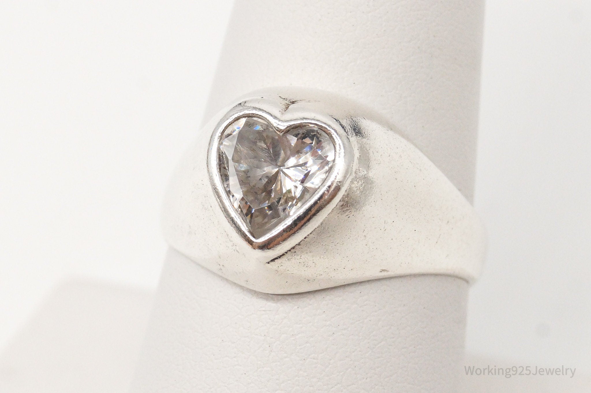 Vintage Cellini Large Heart Cubic Zirconia Sterling Silver Ring Size 8