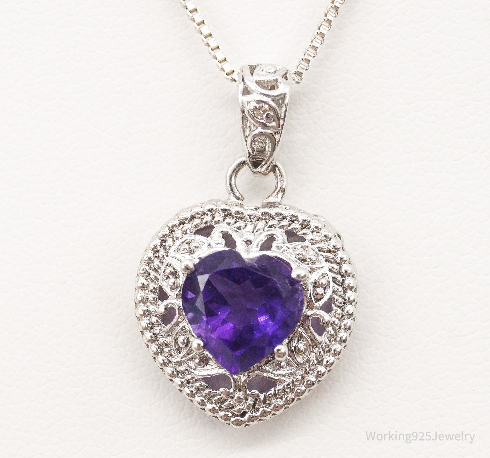 Vintage Amethyst Cubic Zirconia Heart Sterling Silver Necklace