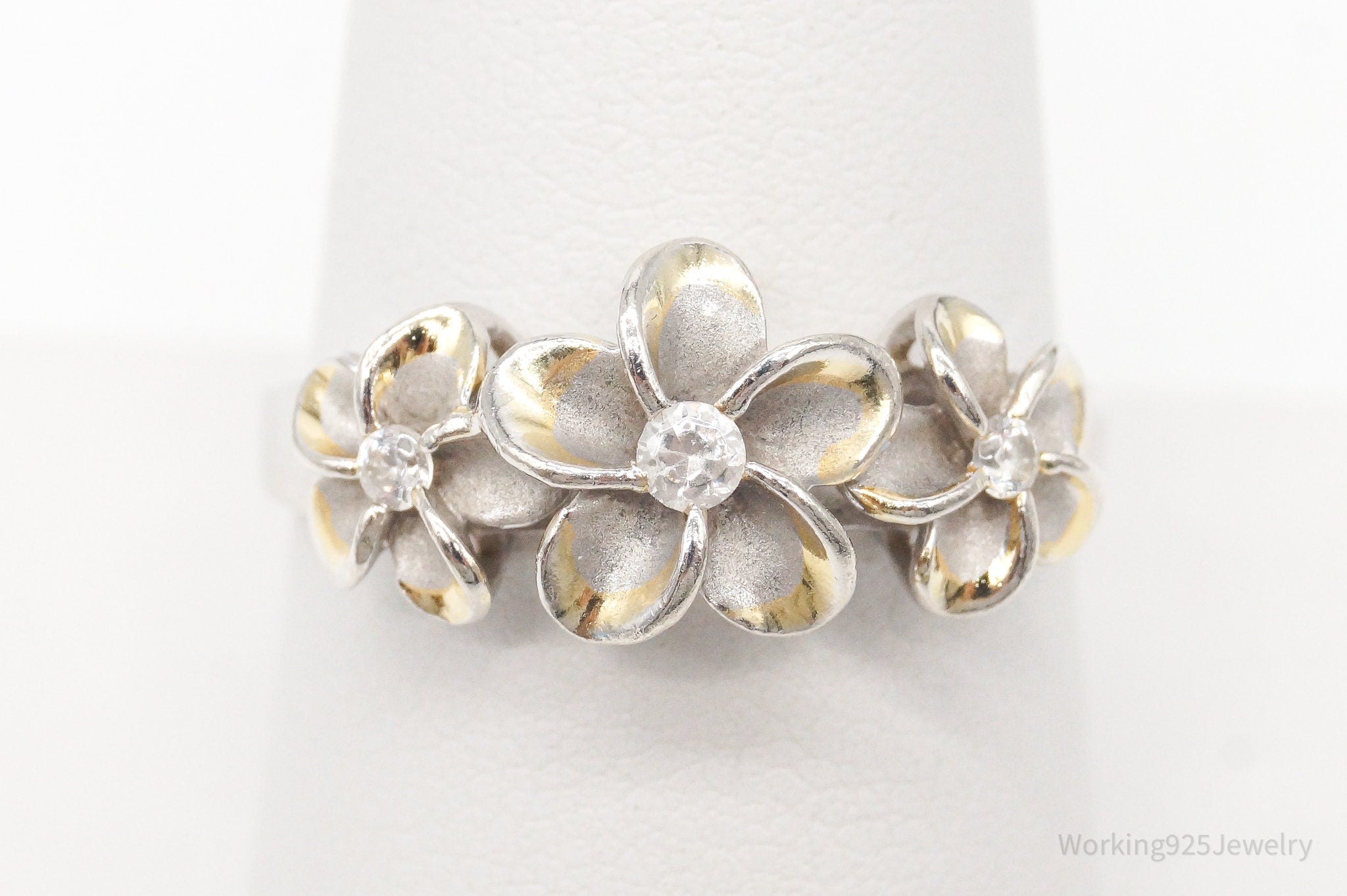 Vintage Cubic Zirconia Flowers Gold Vermeil Sterling Silver Ring - Size 9