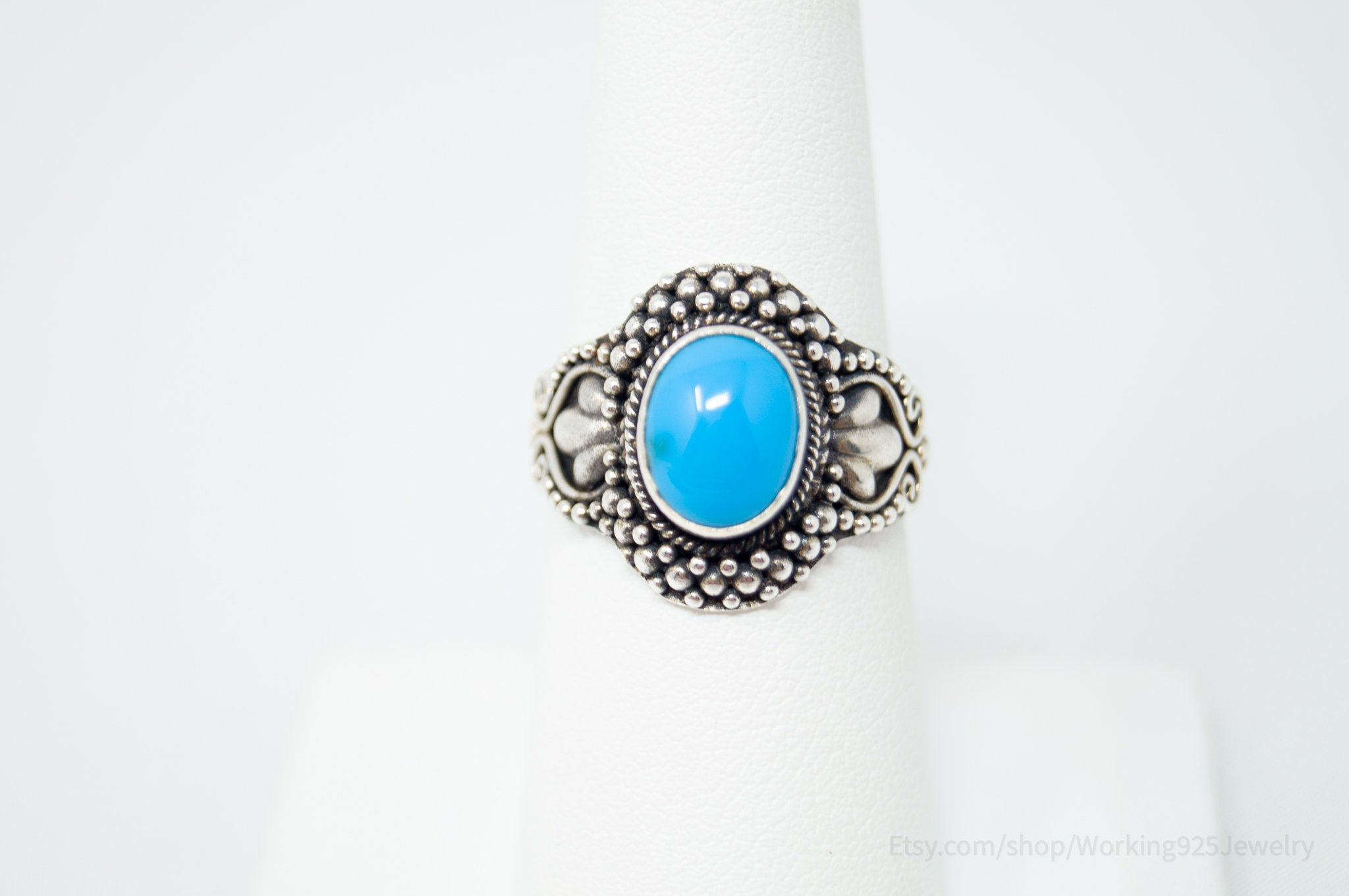 Vintage Bali Style Turquoise Filigree Sterling Silver Band Ring - Size 7.25