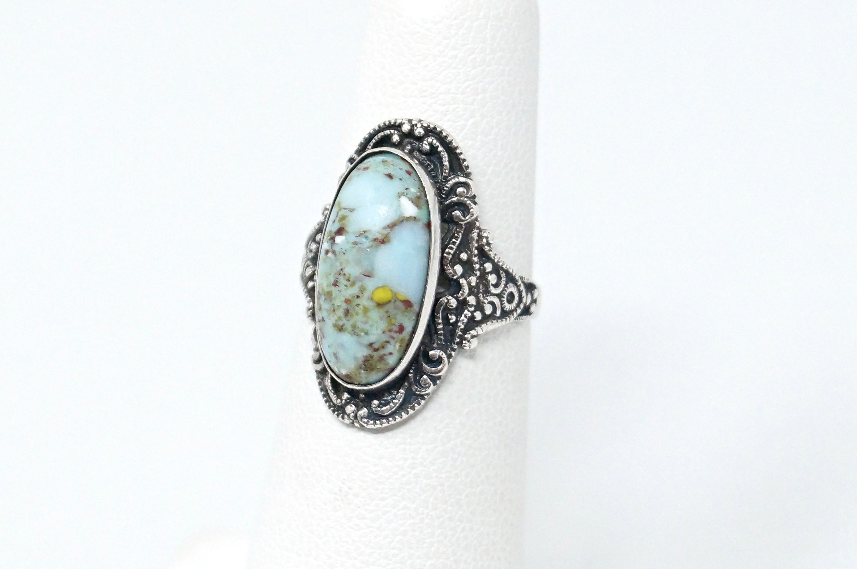 Vintage Art Nouveau Early 1900s Style Turquoise Sterling Silver Ring - Size 5