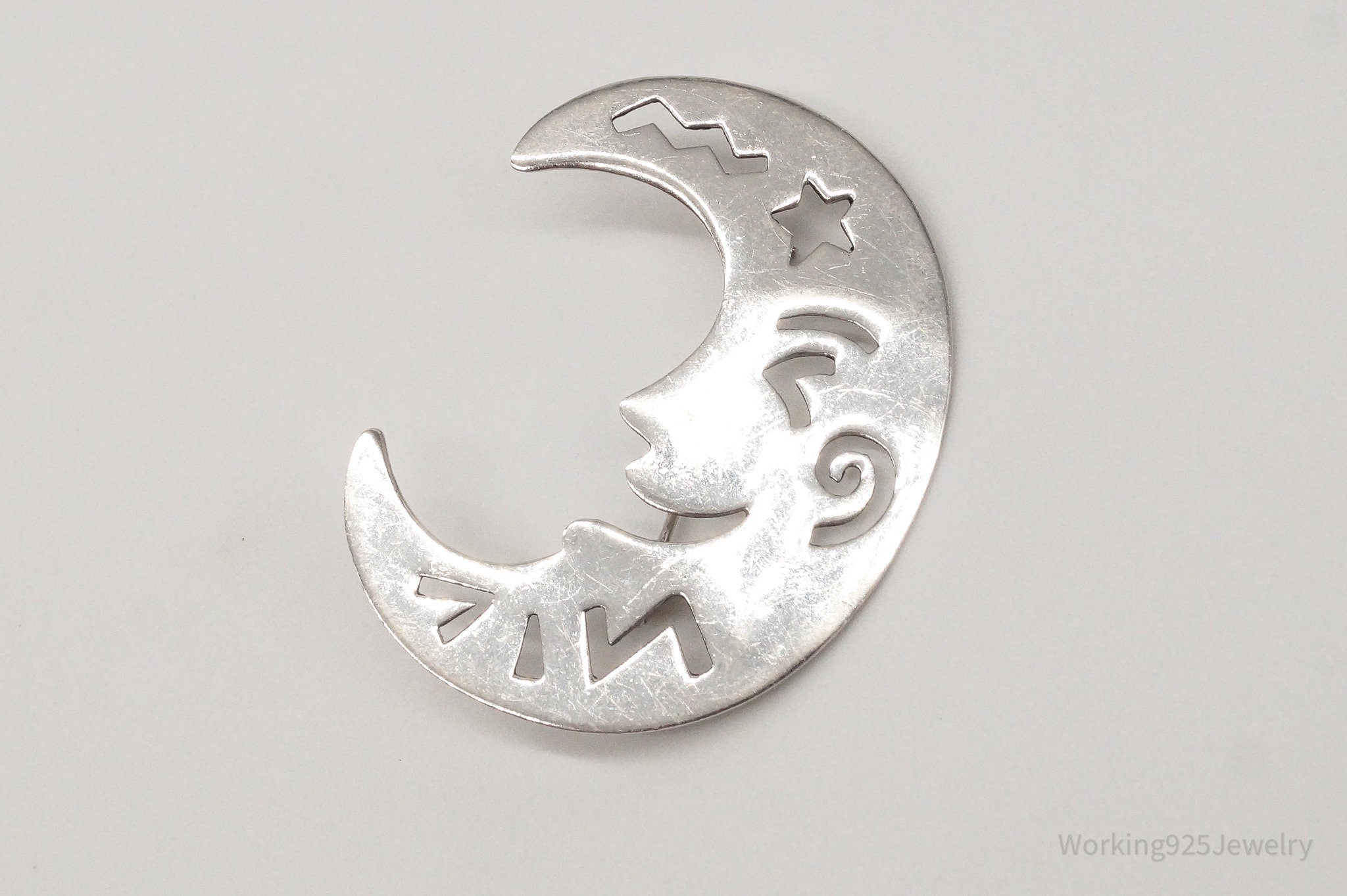 Vintage Boma Large Crescent Moon Sterling Silver Brooch Pin