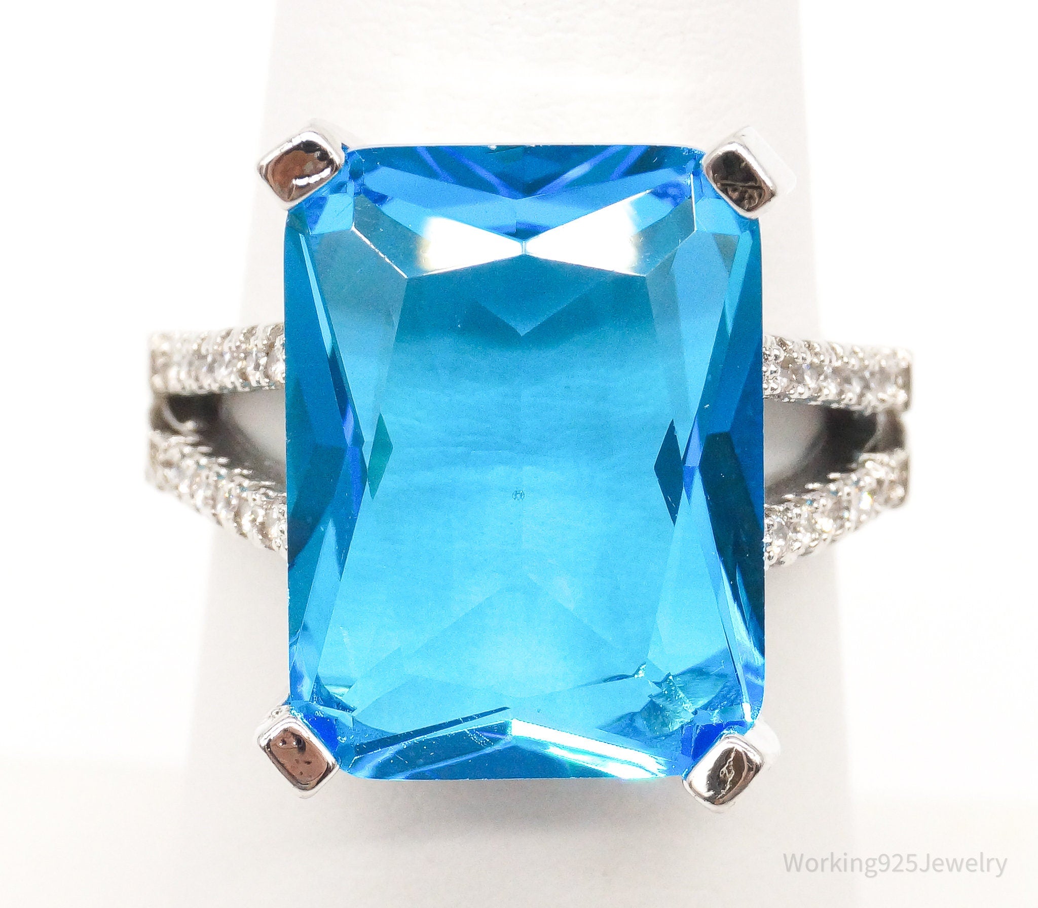 Vintage Large Blue Topaz Cubic Zirconia Sterling Silver Ring - Size 5.5