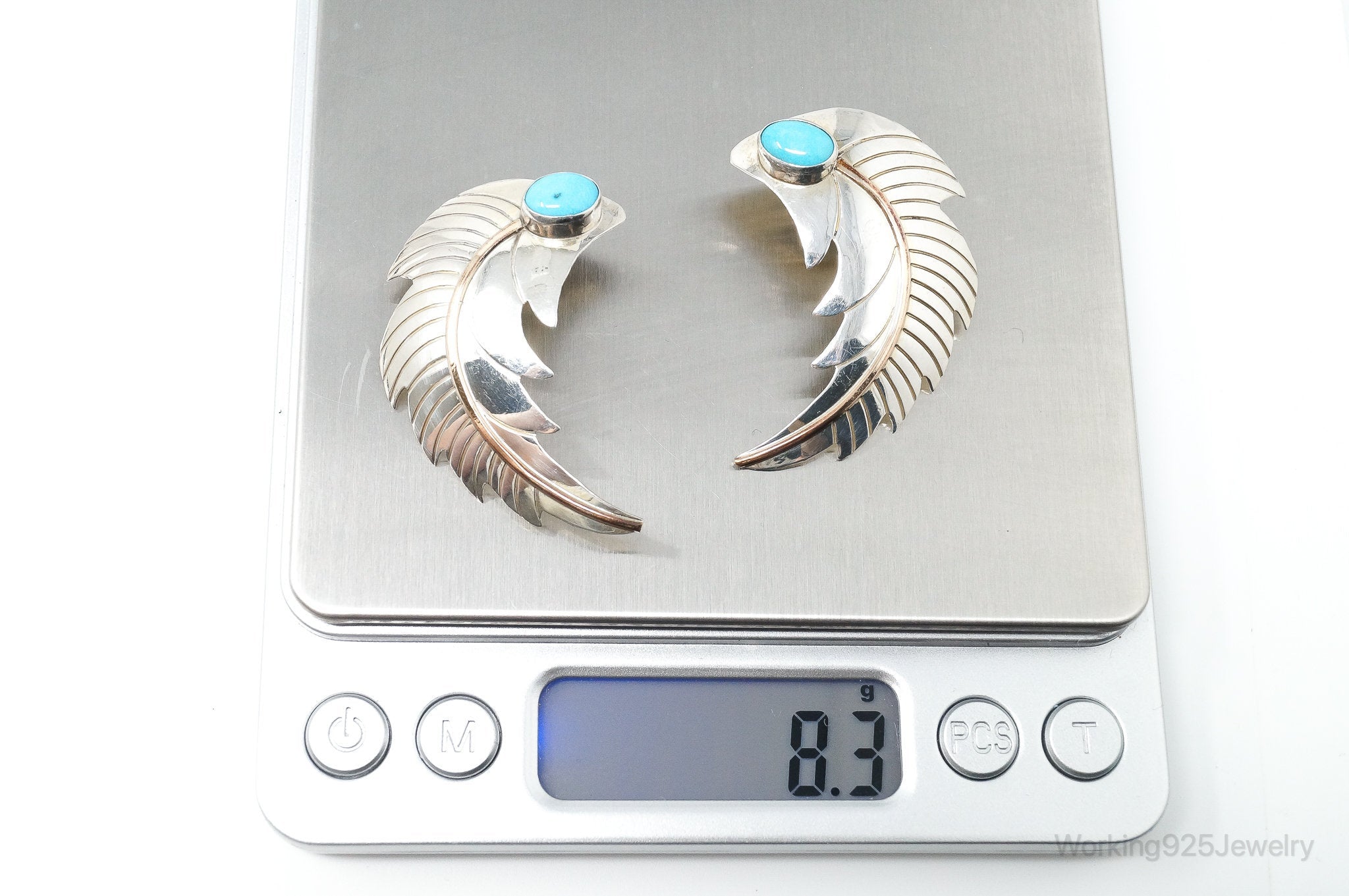 Large Vintage Native American Turquoise Feather Sterling Silver Earrings