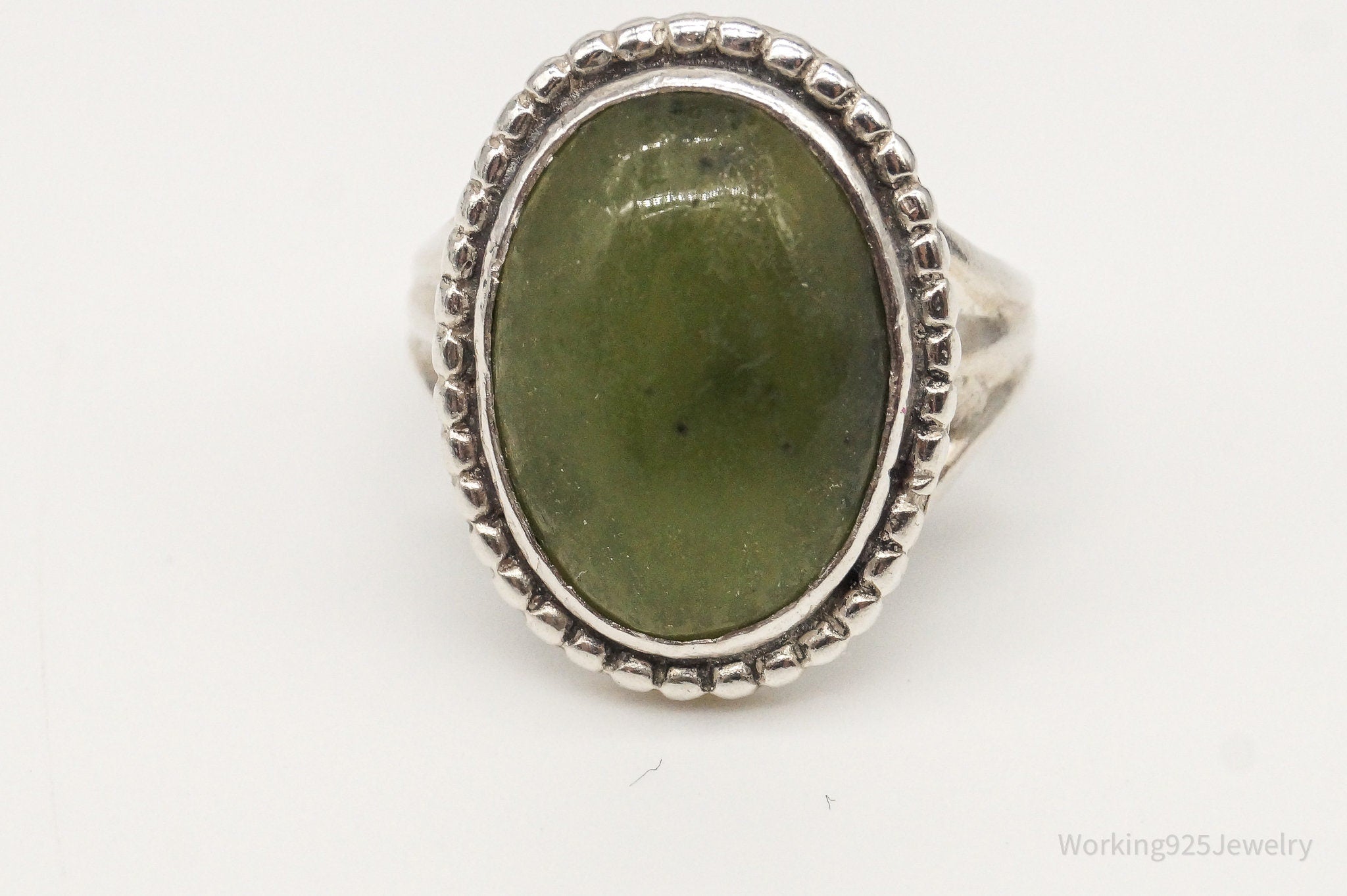 Rare Antique RE Babcock Nephrite Jade Sterling Silver Ring - Size 3.5