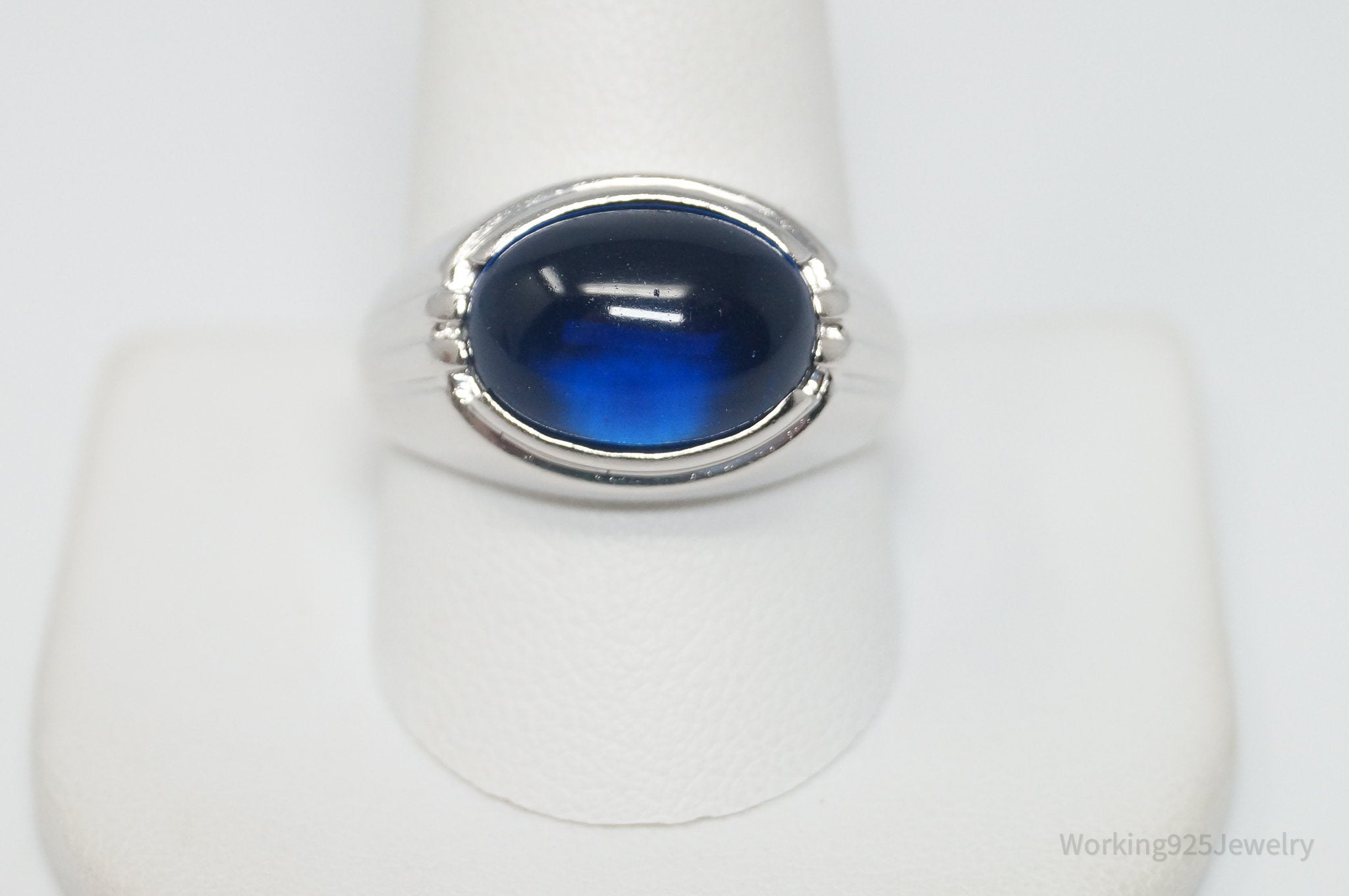 Vintage Blue Art Glass Sterling Silver Ring - Size 11