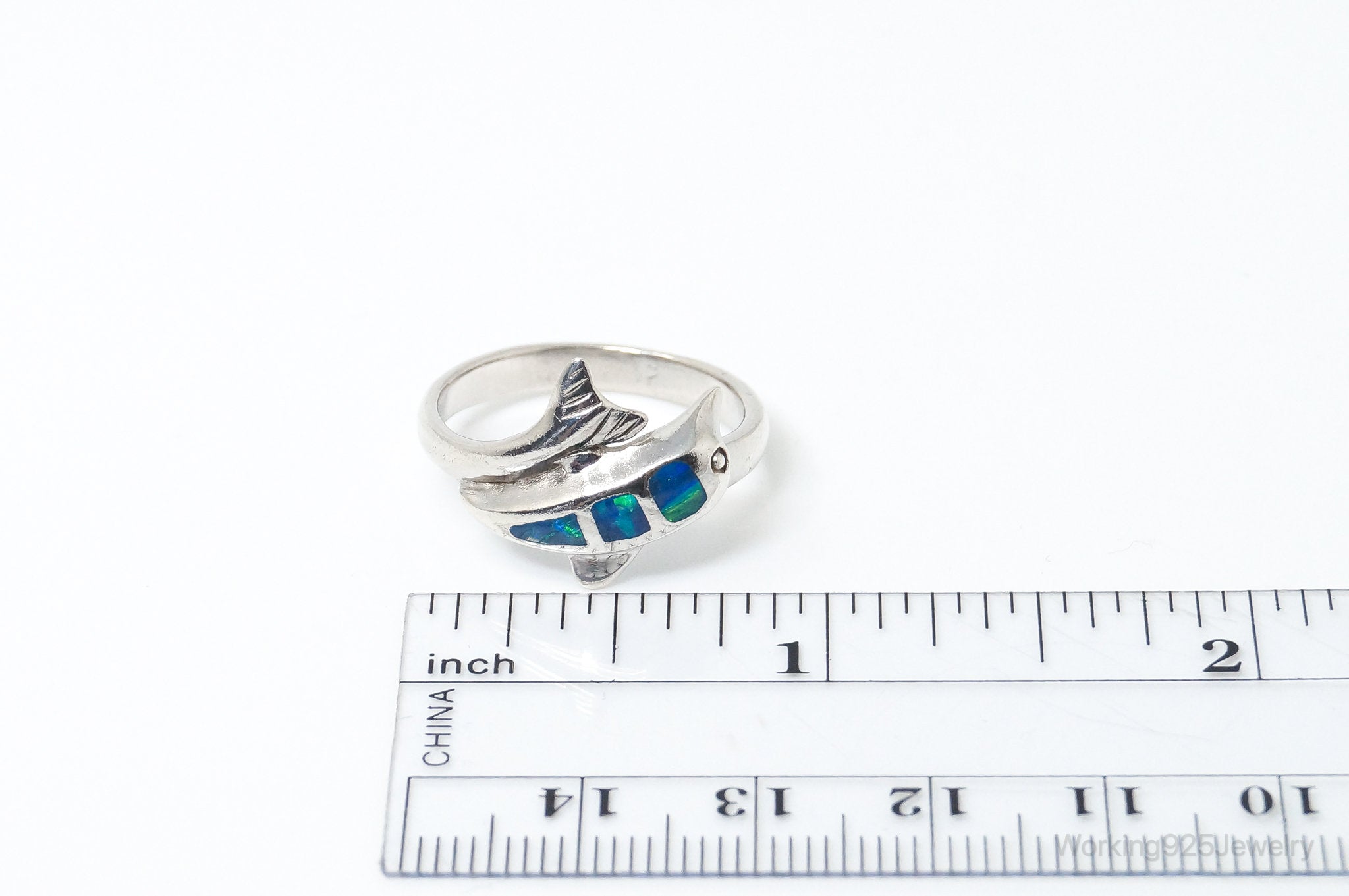 Vintage Blue Opal Dolphin Sterling Silver Ring - Size 8.5