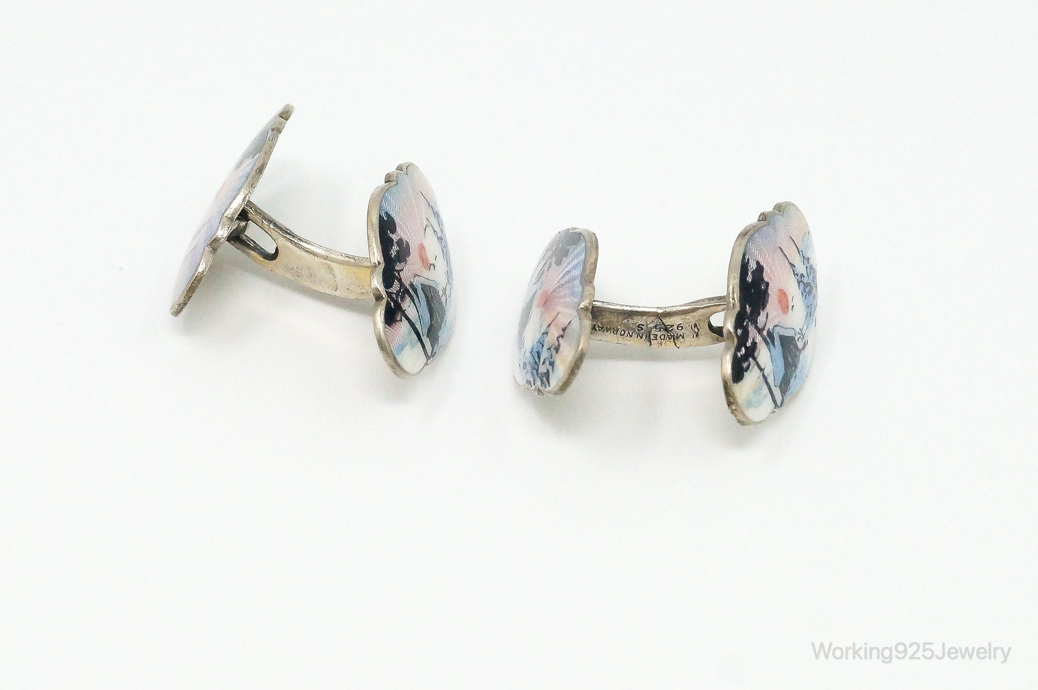 RARE Vintage Aksel Holmsen Enamel Cabin Scene Sterling Silver Cufflinks