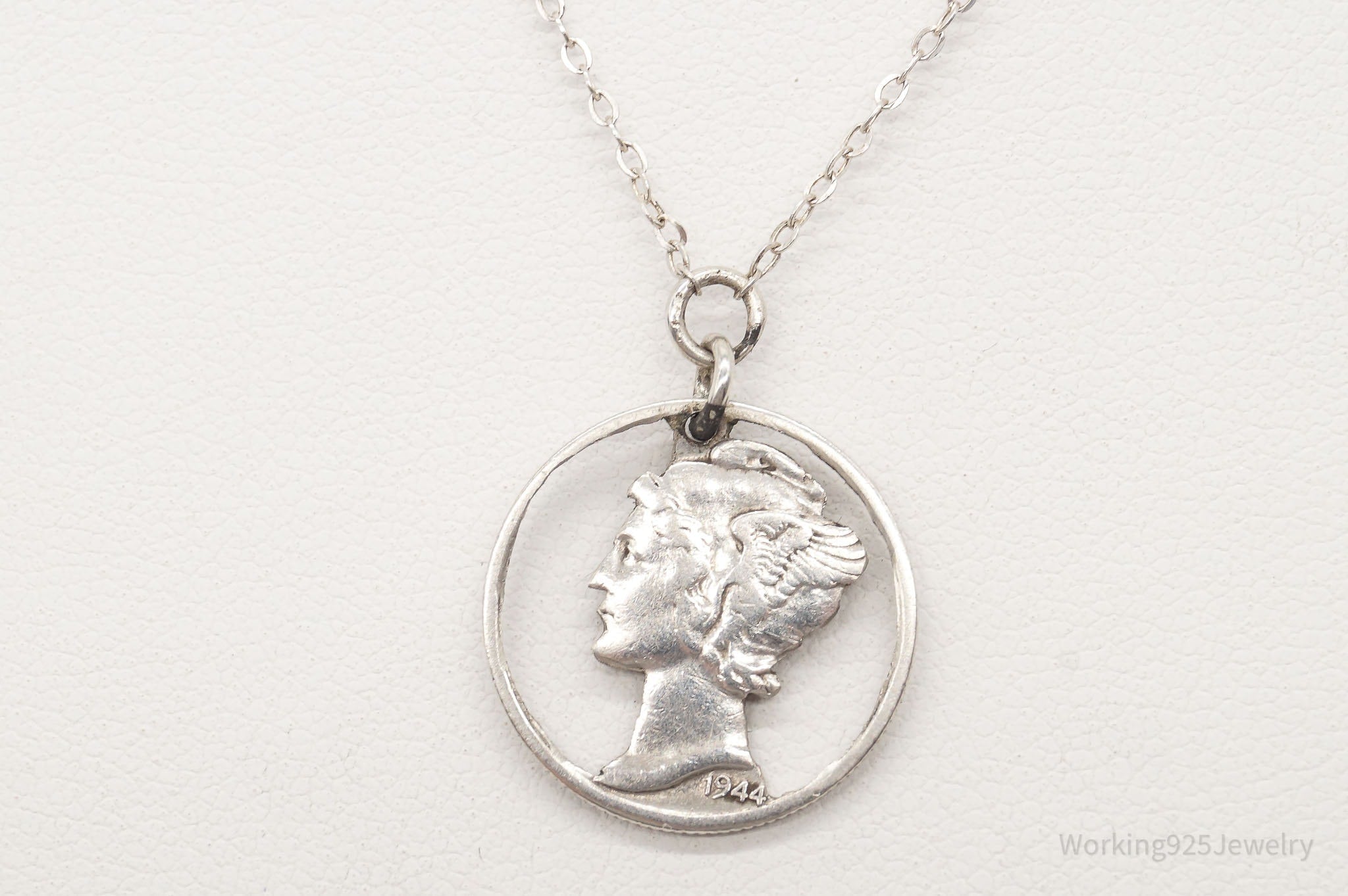 Vintage 1944 Mercury Dime Coin Cut Out Pendant - Sterling Silver Chain Necklace