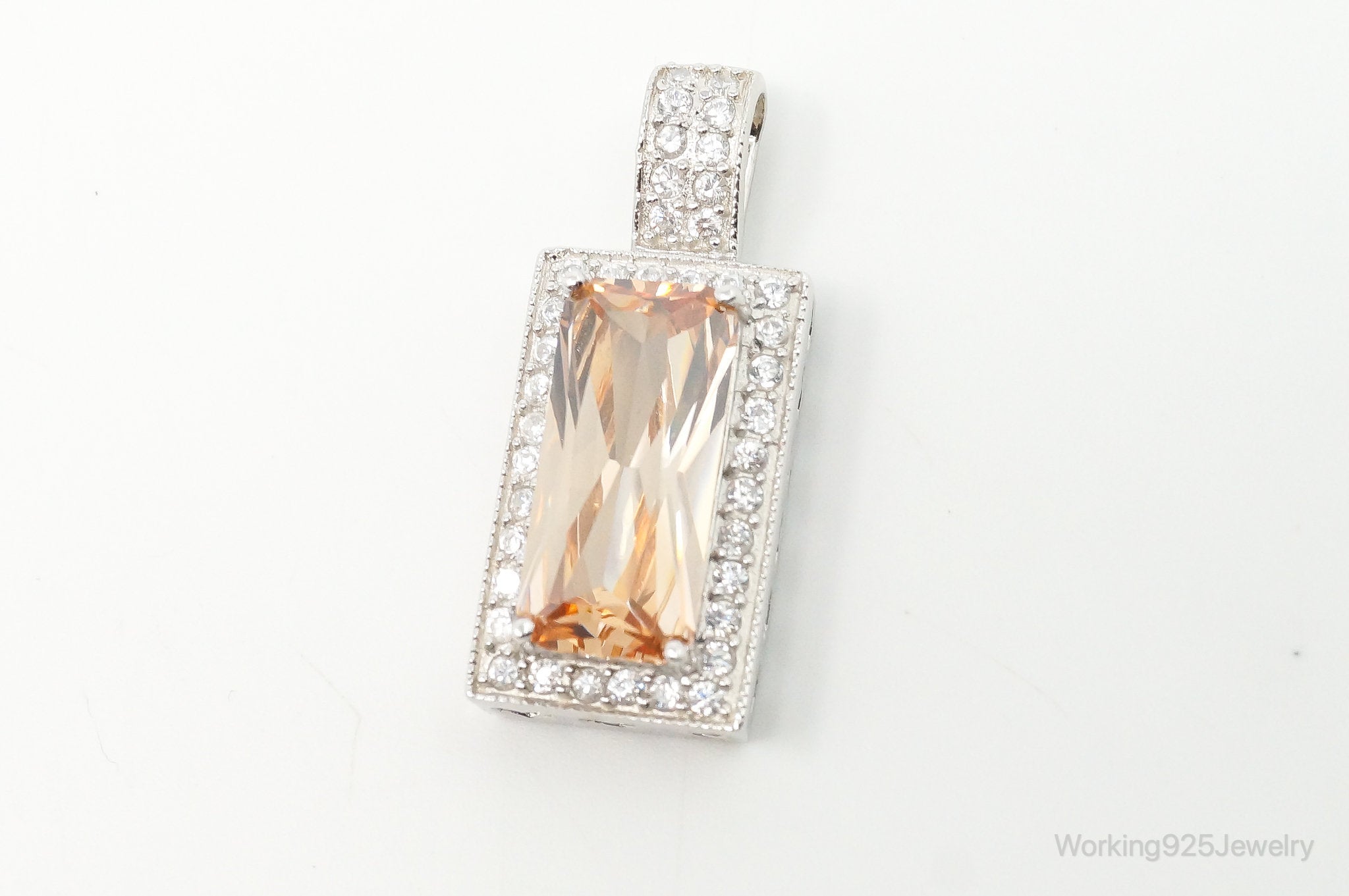 Large Vintage Art Deco Citrine Cubic Zirconia Sterling Silver Pendant