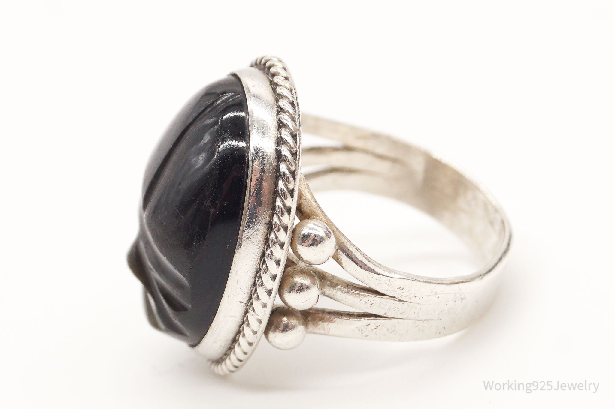 Vintage Carved Black Onyx Mask Silver Ring - Size 7.25