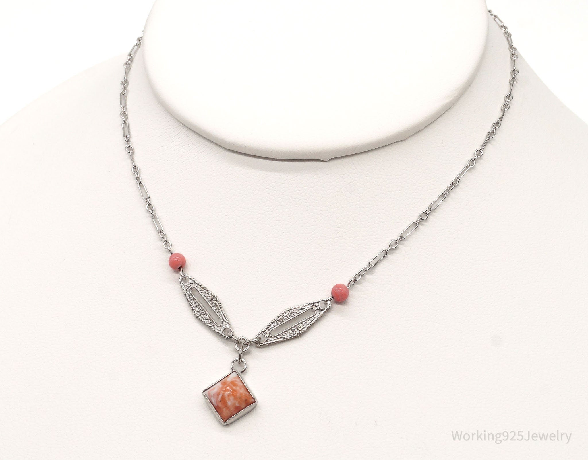 Antique Pink Stone Sterling Silver Necklace