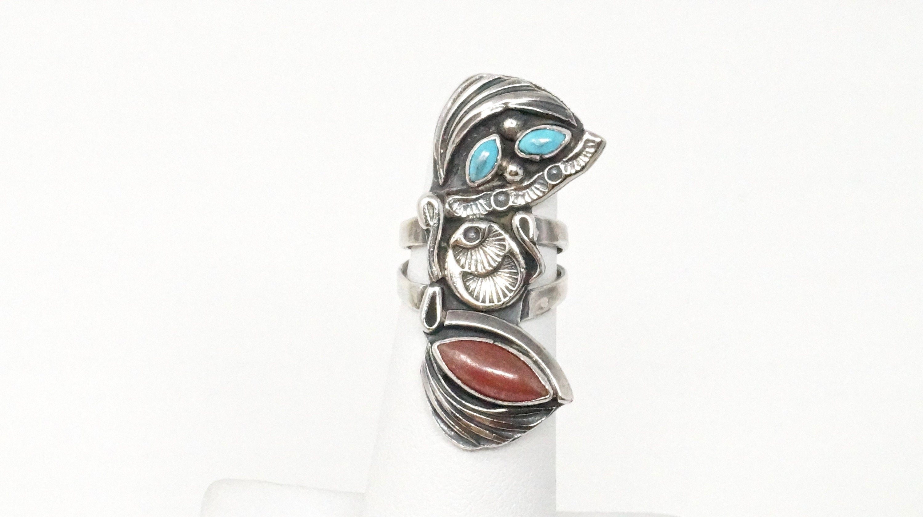 Native American Navajo Roger Skeet RS Turquoise Coral Sterling Silver Ring Sz 4