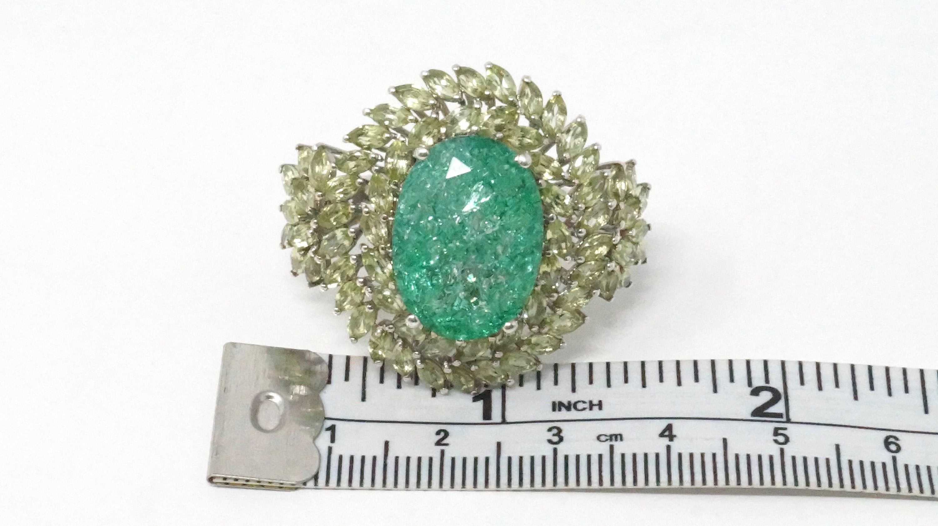 Vintage Emerald and Cubic Zirconia Sterling Silver Statement Ring - Size 9