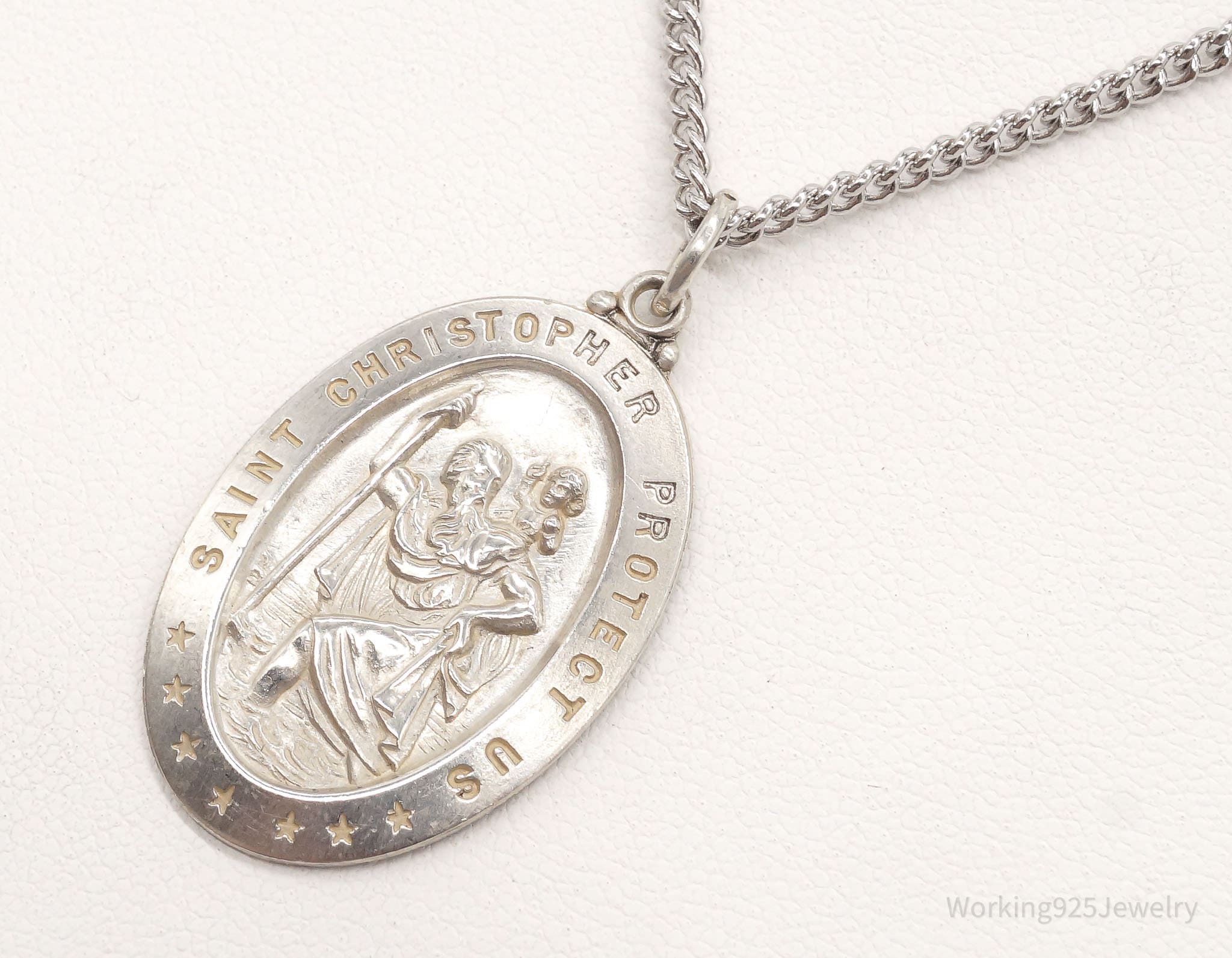 Antique Saint Christopher Protect Us Sterling Silver Pendant on Silver Necklace