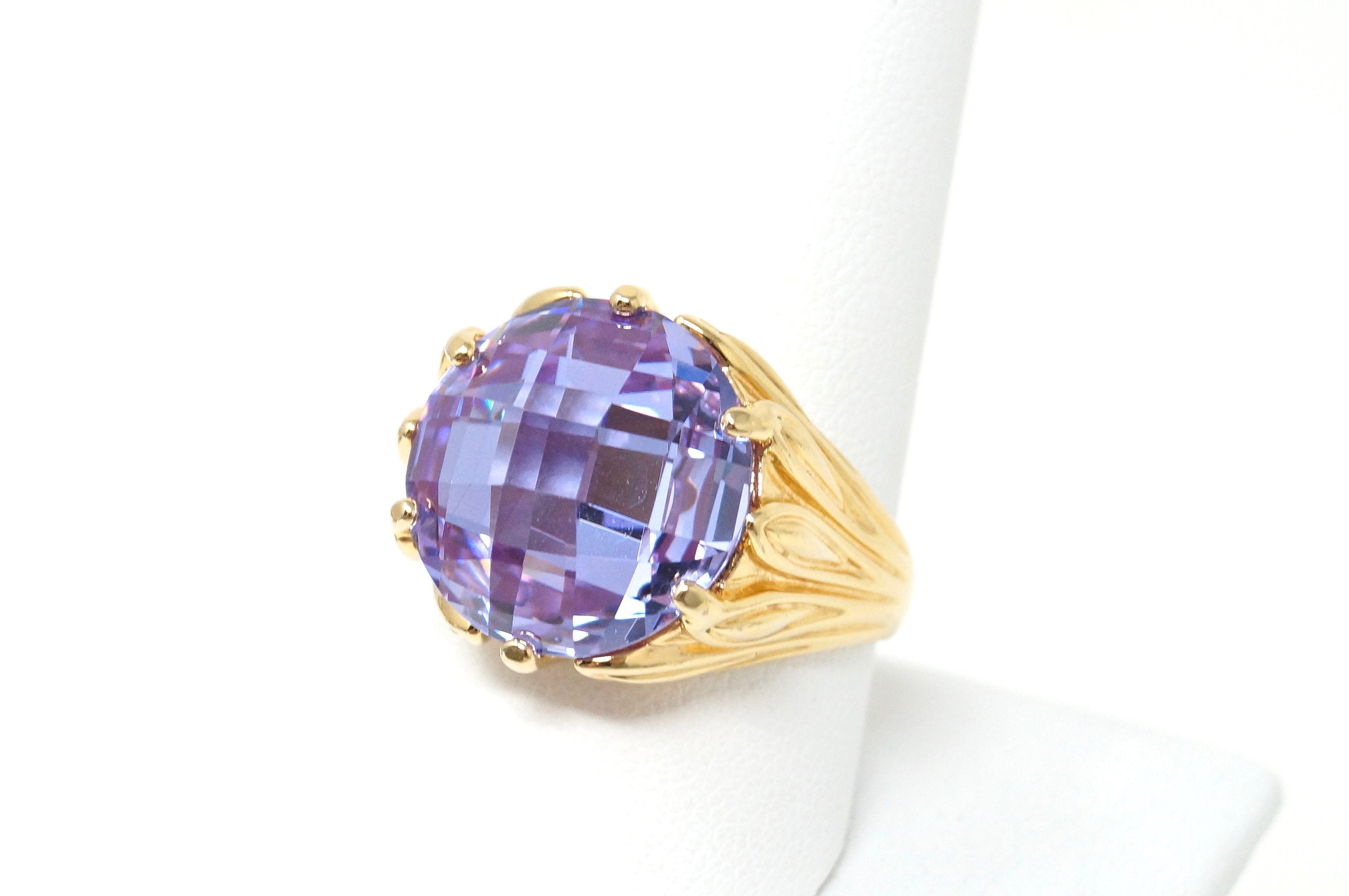 Vintage Art Deco Amethyst Purple CZ Gold Sterling Silver Statement Ring Size 10