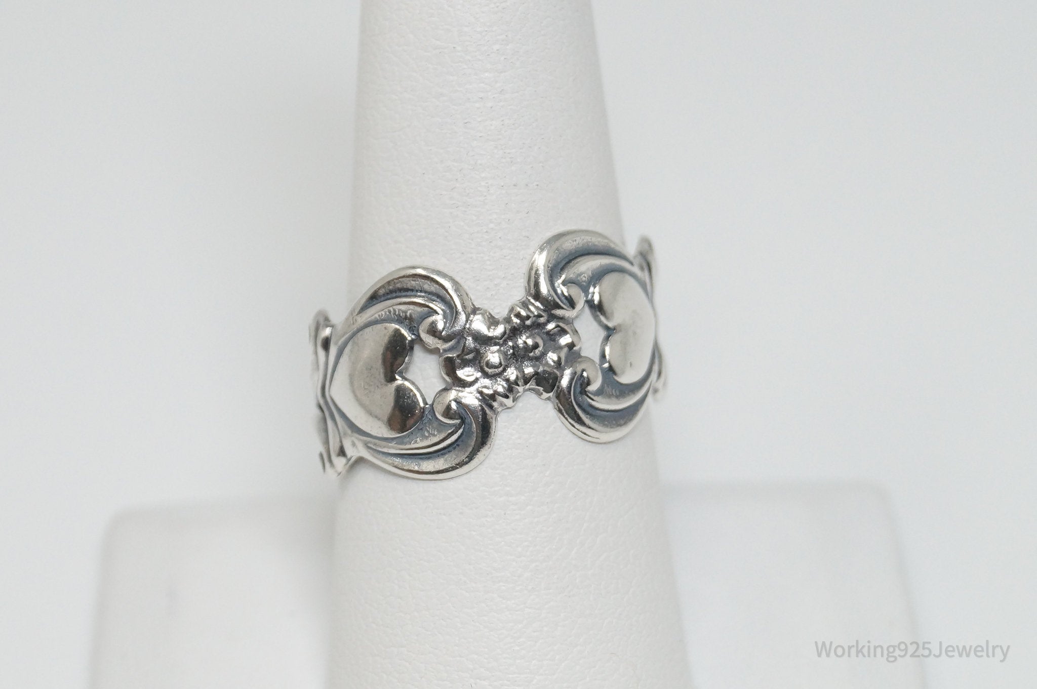 Vintage Designer Beau Floral Heart Adjustable Sterling Silver Ring - Size 8.25