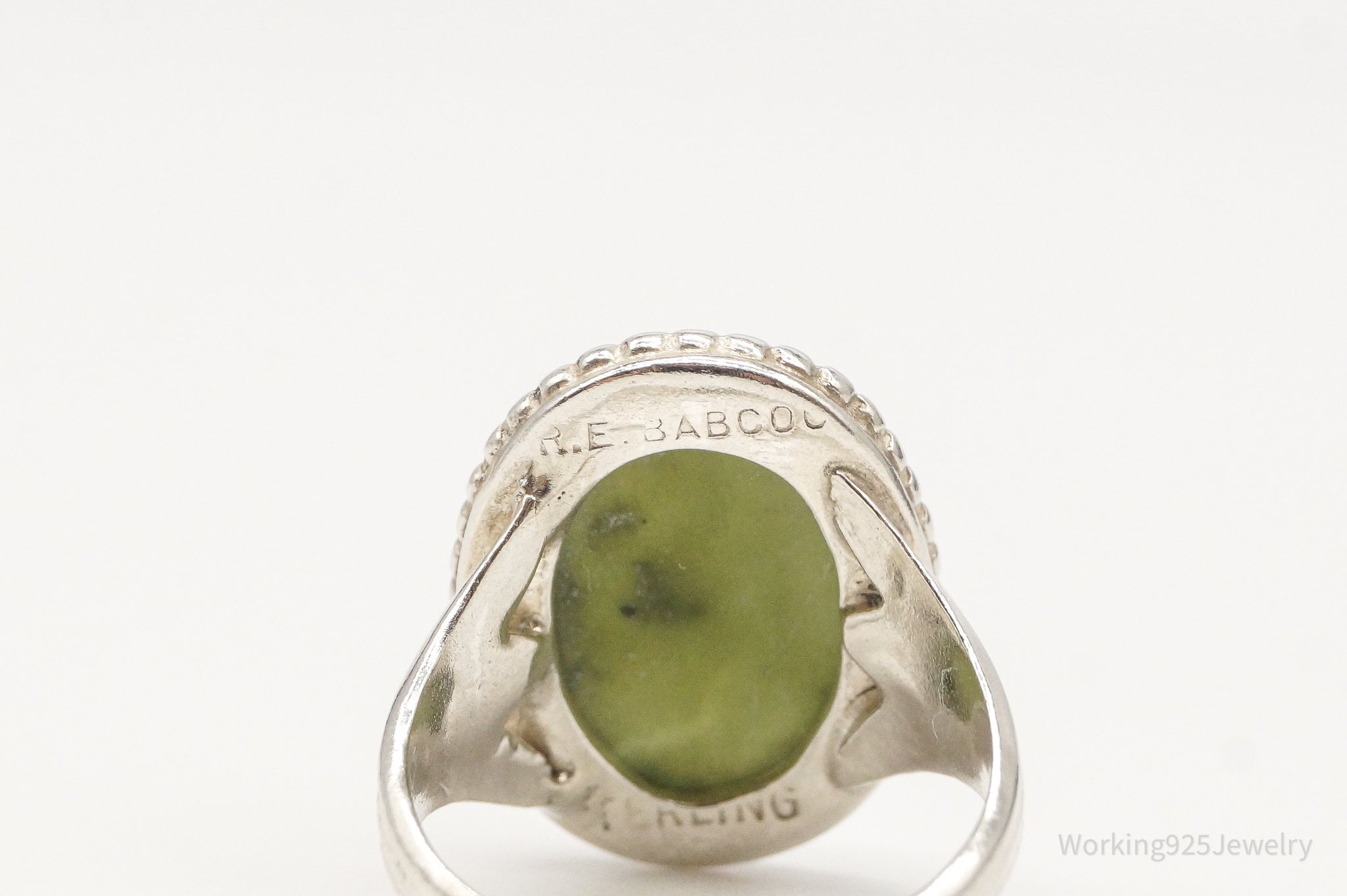 Rare Antique RE Babcock Nephrite Jade Sterling Silver Ring - Size 3.5