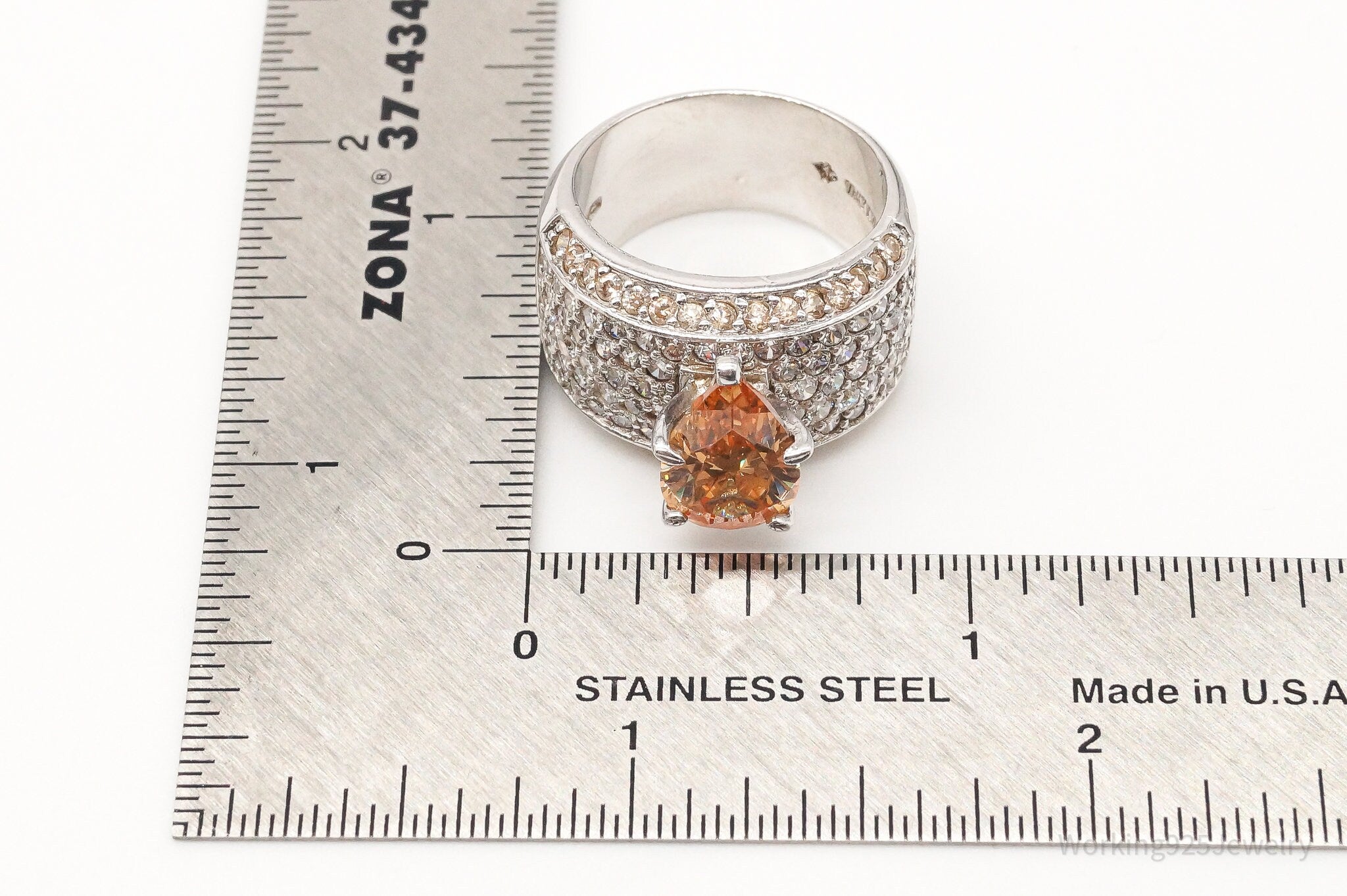 Vintage Large Citrine Cubic Zirconia Sterling Silver Ring - Size 8