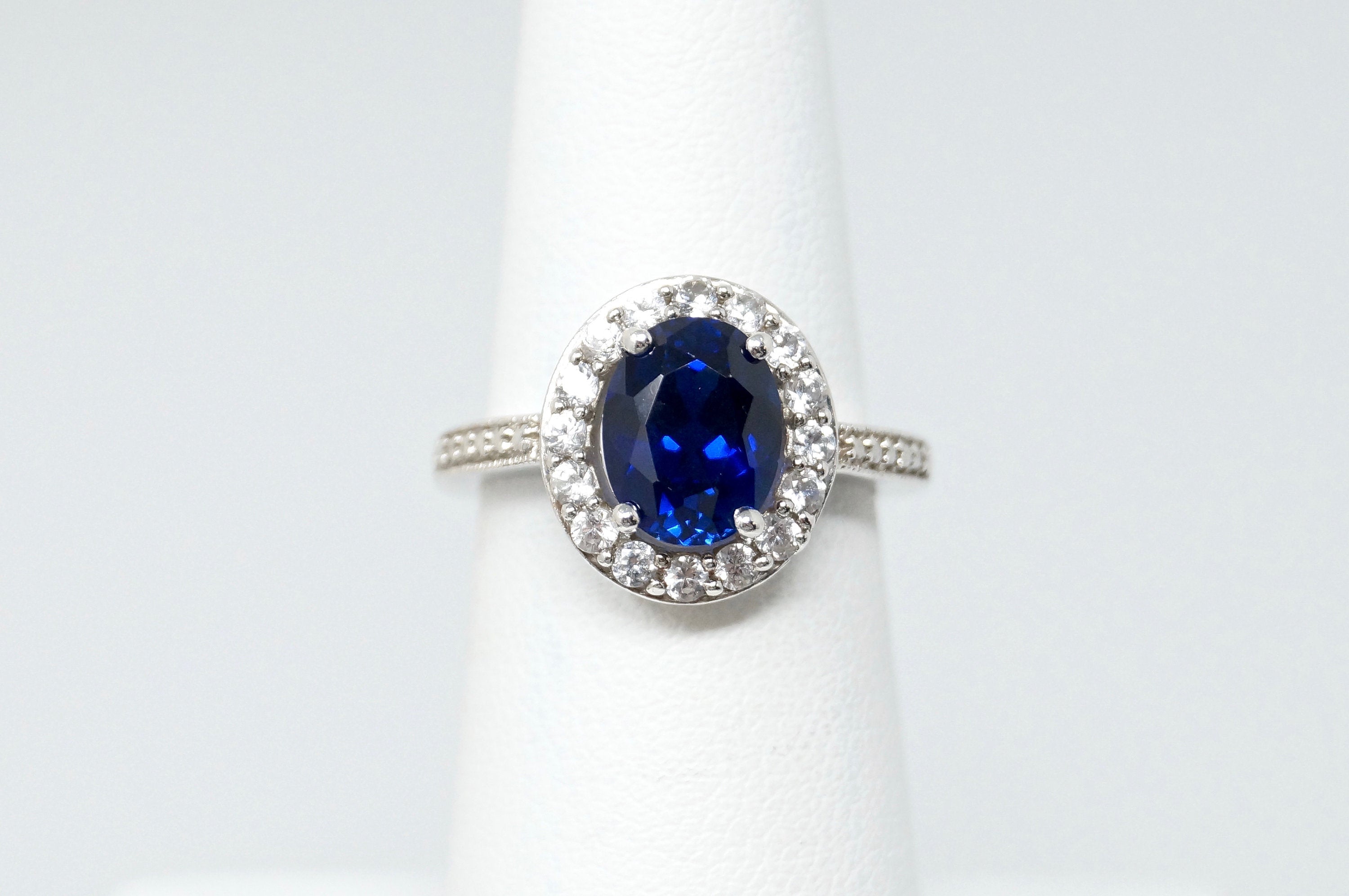 Vintage Art Deco Blue Sapphire Cz Statement Ring Sterling Silver Sz 5.25