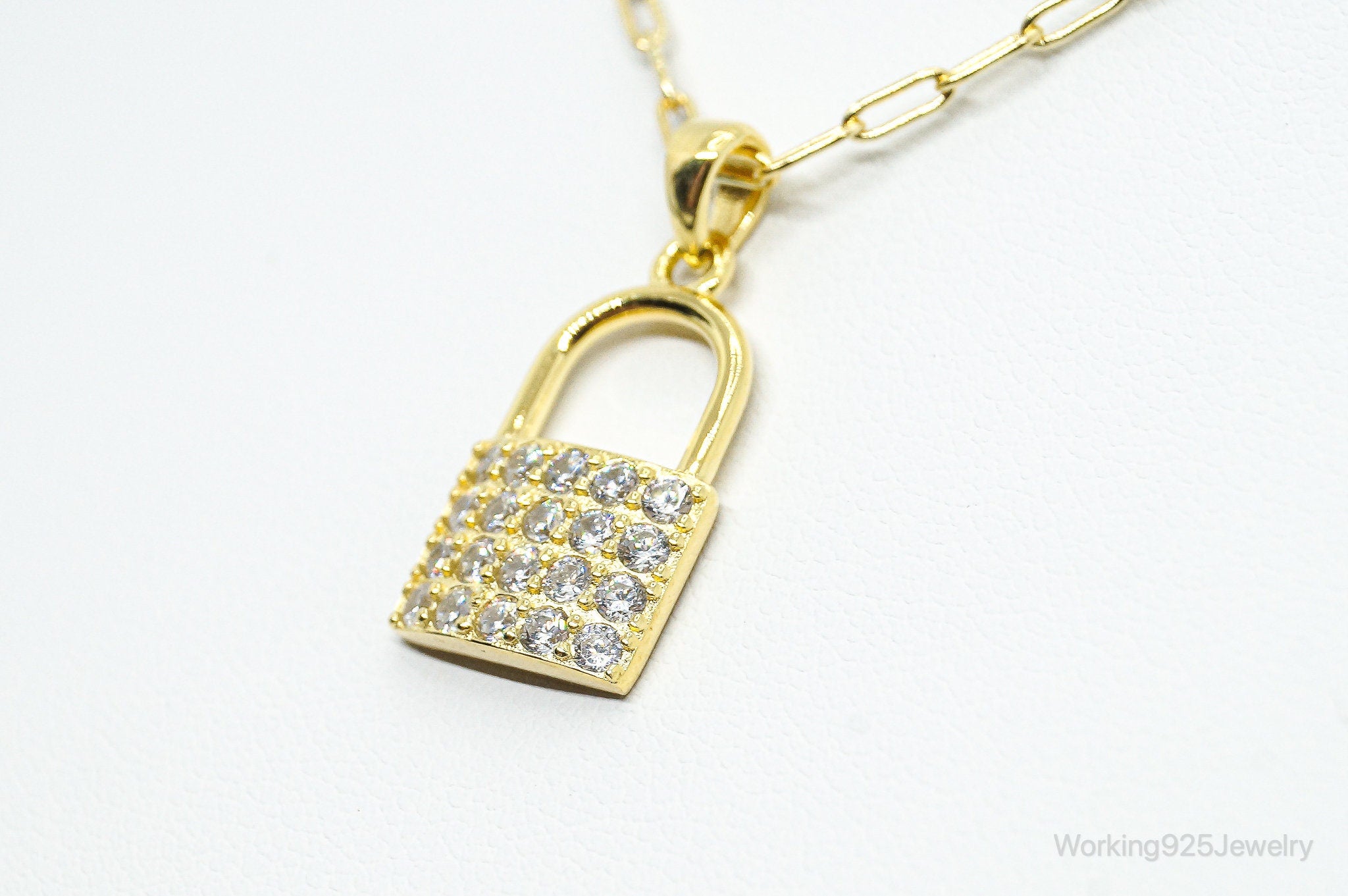 Designer Cubic Zirconia Gold Vermeil Padlock Sterling Silver Necklace