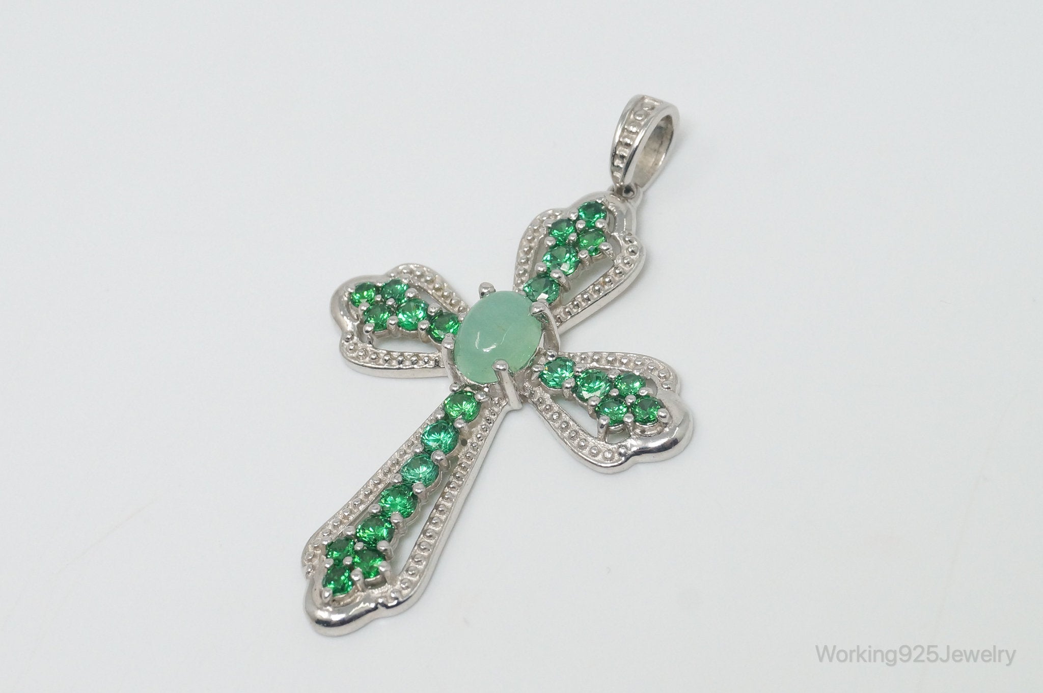 Vintage Green Chalcedony Green Cubic Zirconia Cross Sterling Silver Pendant