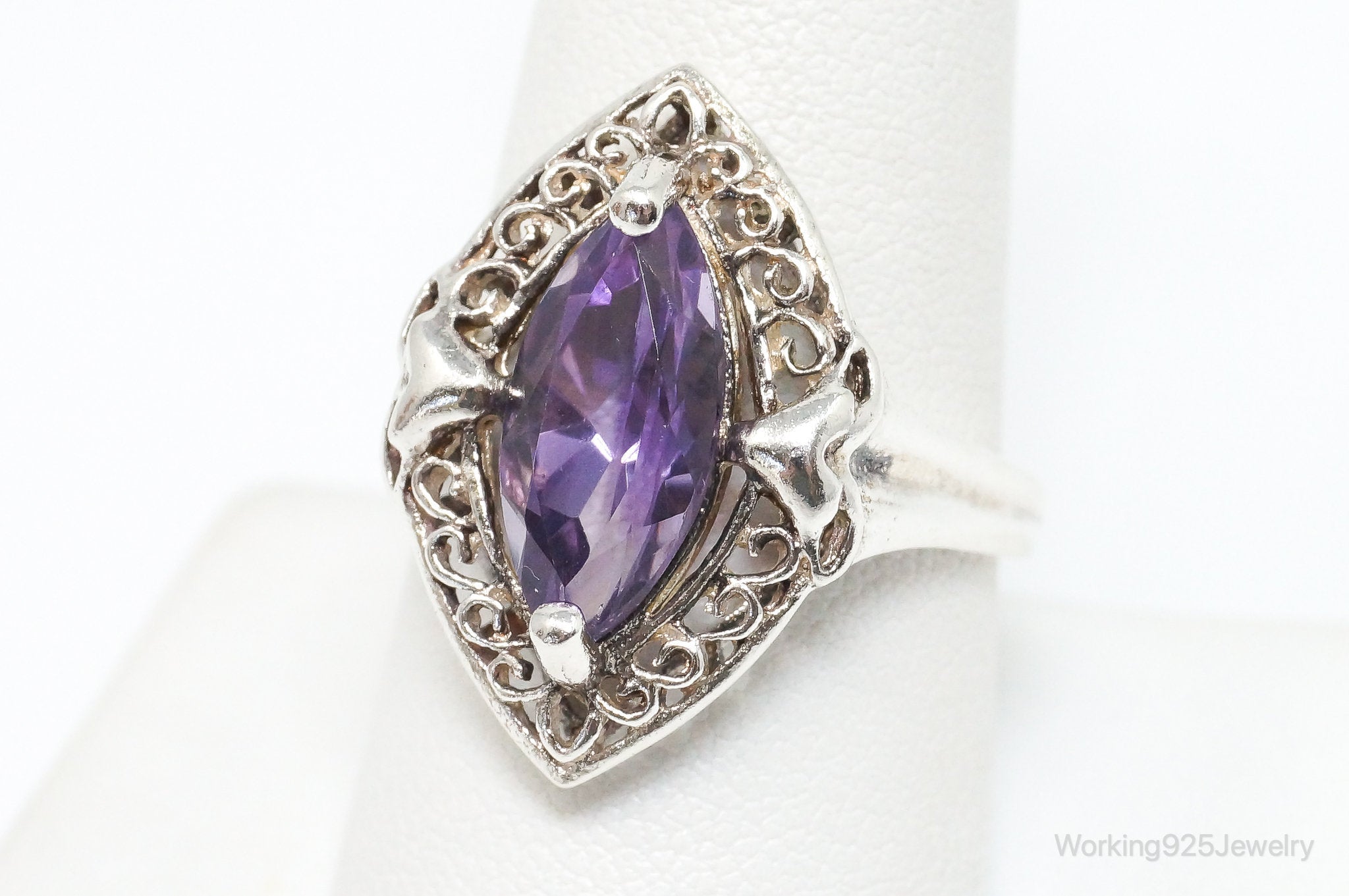 Vintage Art Deco Amethyst Sterling Silver Ring - SZ 9.25