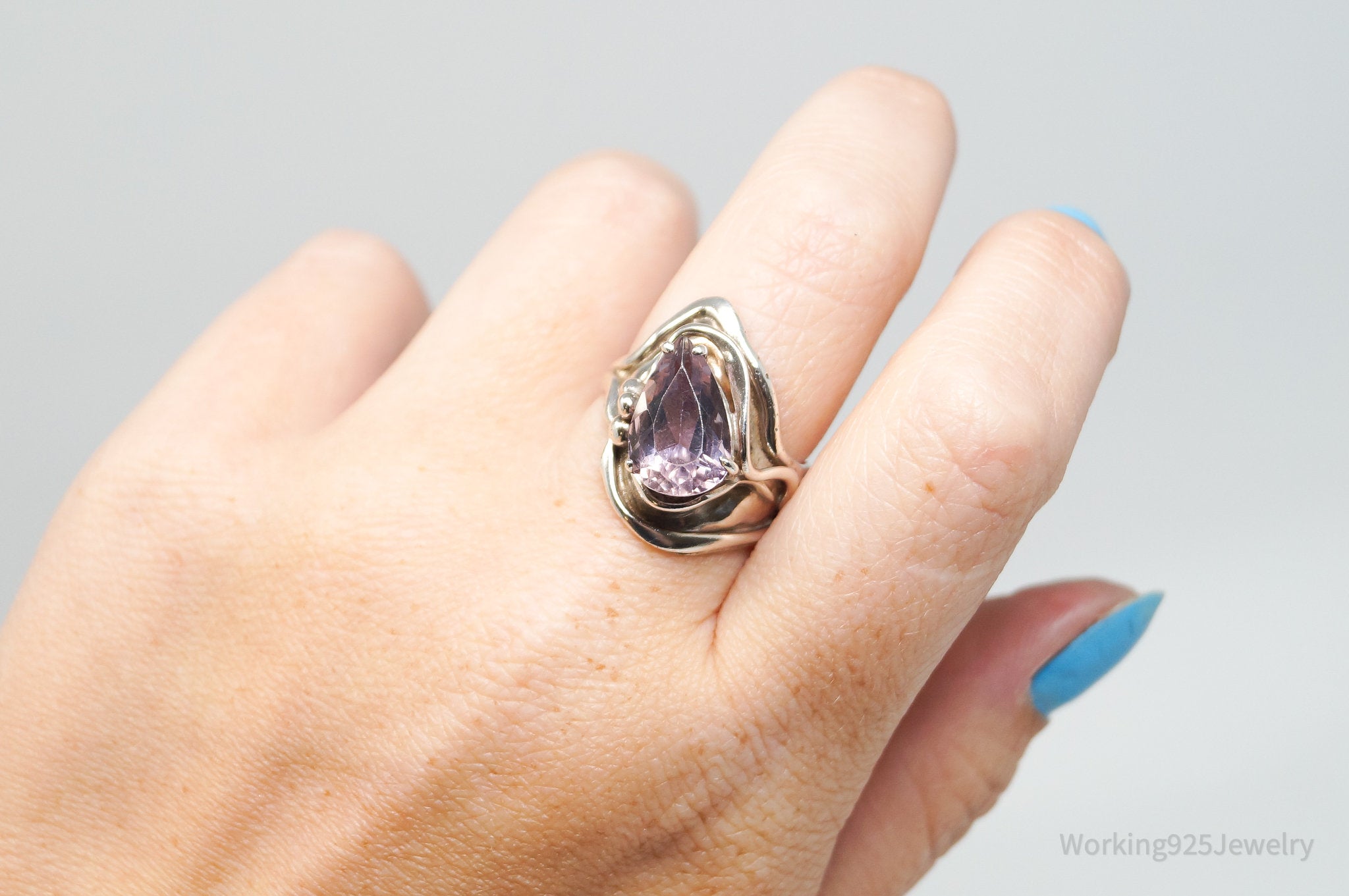 Vintage Designer Amethyst Modernist Sterling Silver Ring - Size 8.75