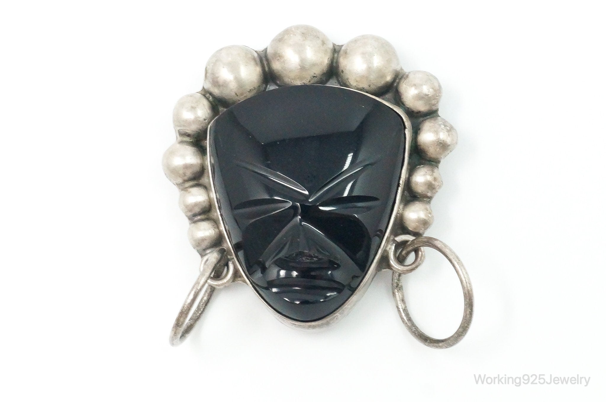 Large VTG Mexico Vaughn’s Black Onyx Tribal Mask Sterling Silver Brooch Pin