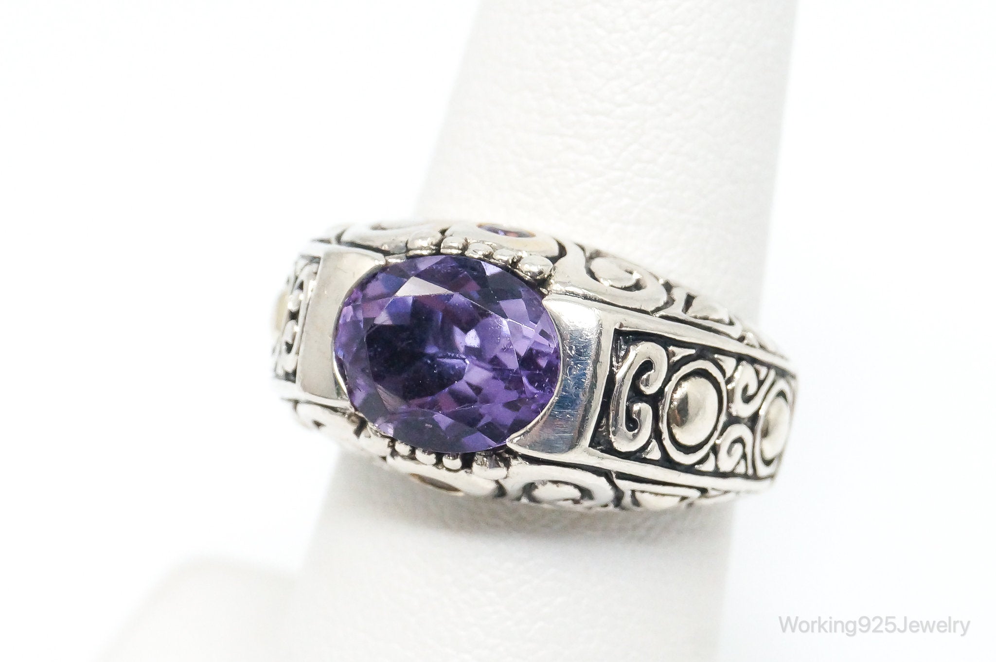 Vintage Designer Art Deco Large Amethyst Sterling Silver Ring - SZ 6.75