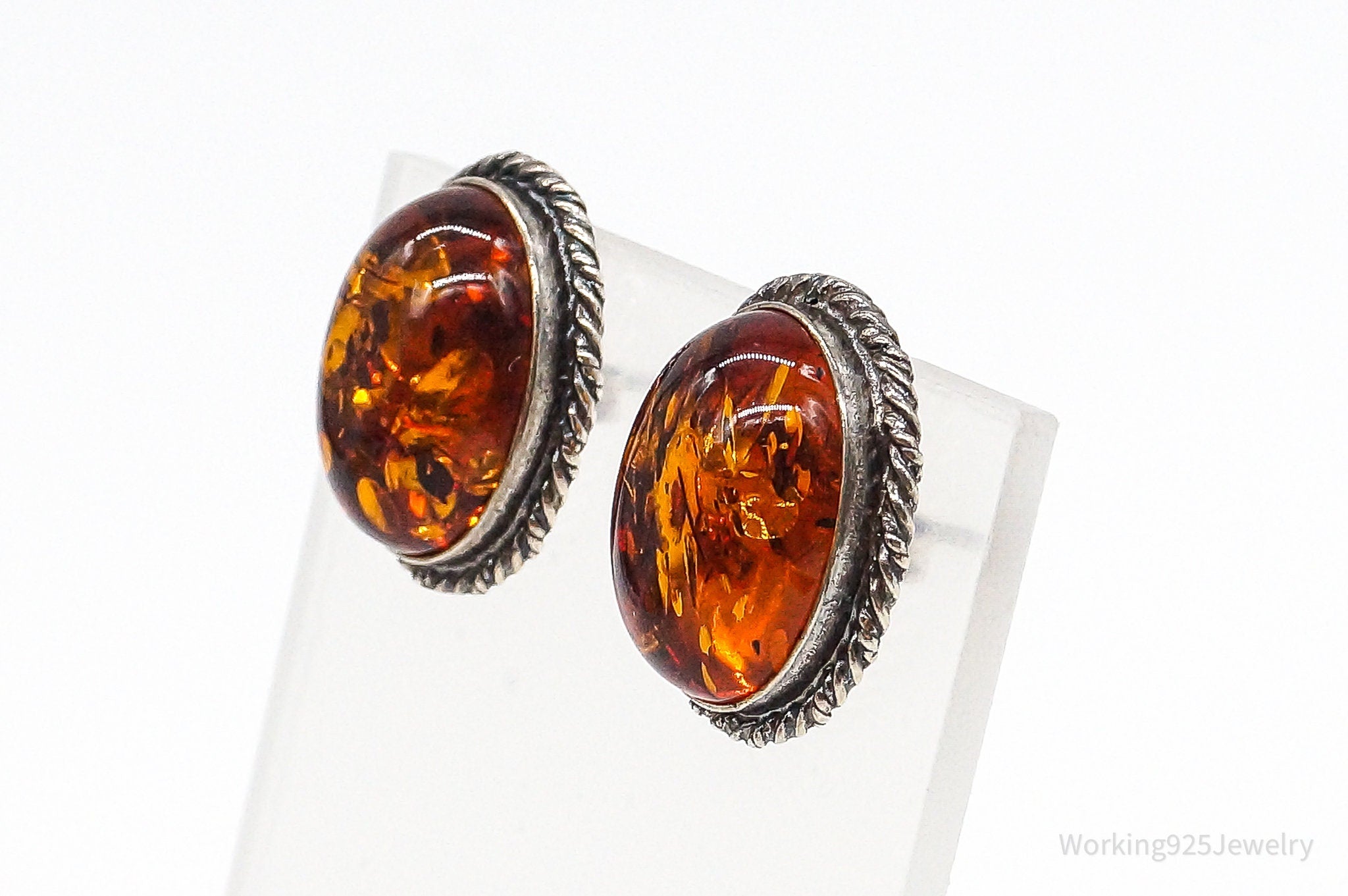 Vintage Amber Modernist Sterling Silver Earrings