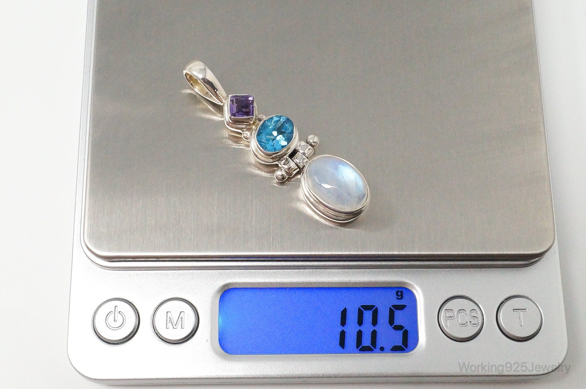 Large Vintage Blue Topaz Amethyst Moonstone Sterling Silver Pendant