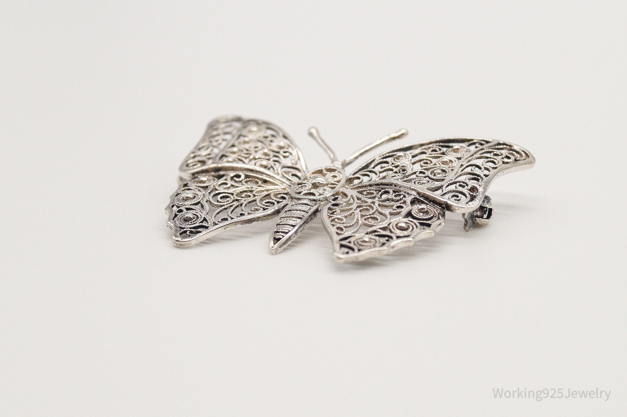 Large Antique Filigree Butterfly Sterling Silver Brooch Pin