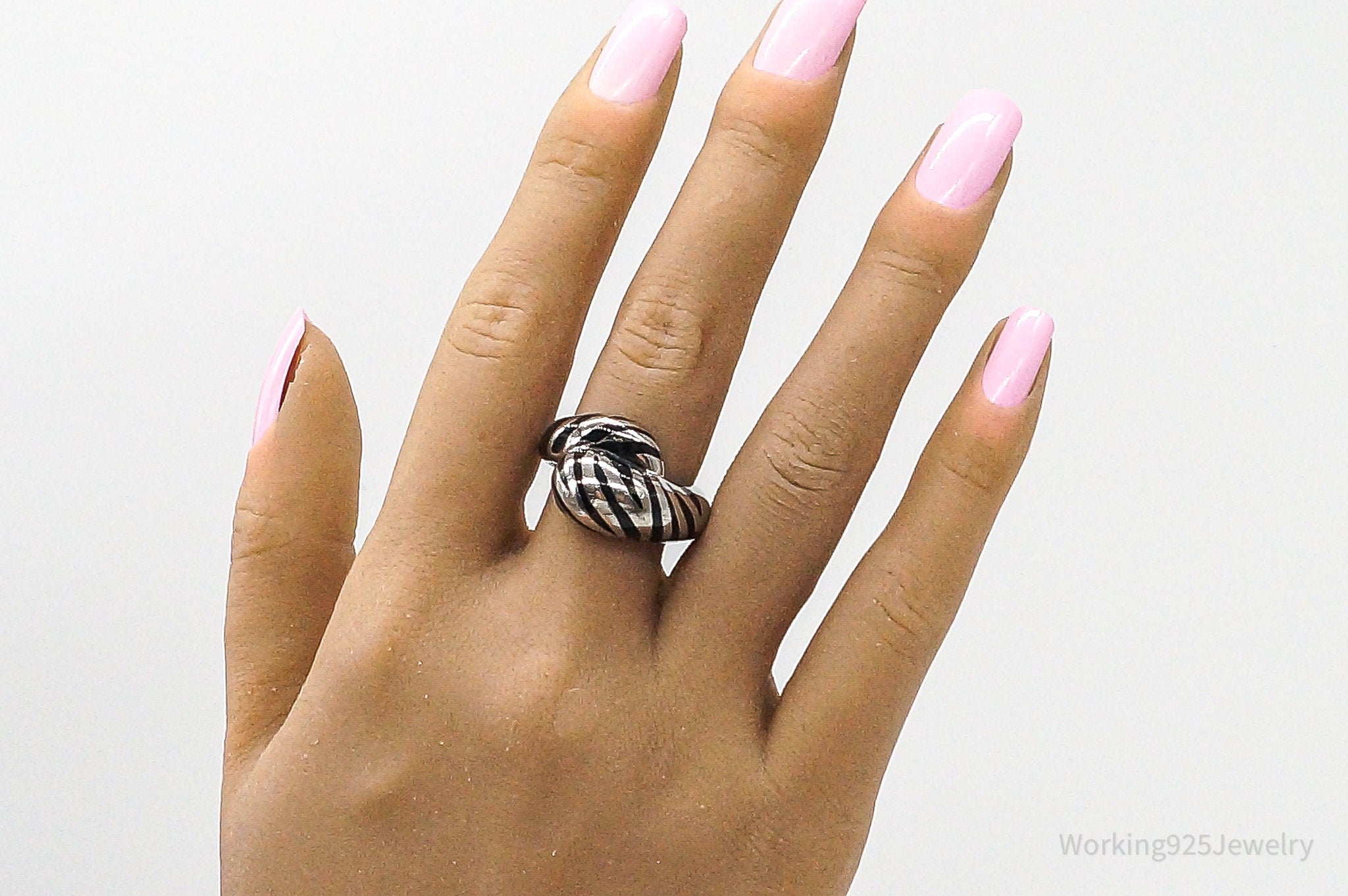 Vintage Black Enamel Zebra Stripes Design Sterling Silver Ring - Size 9