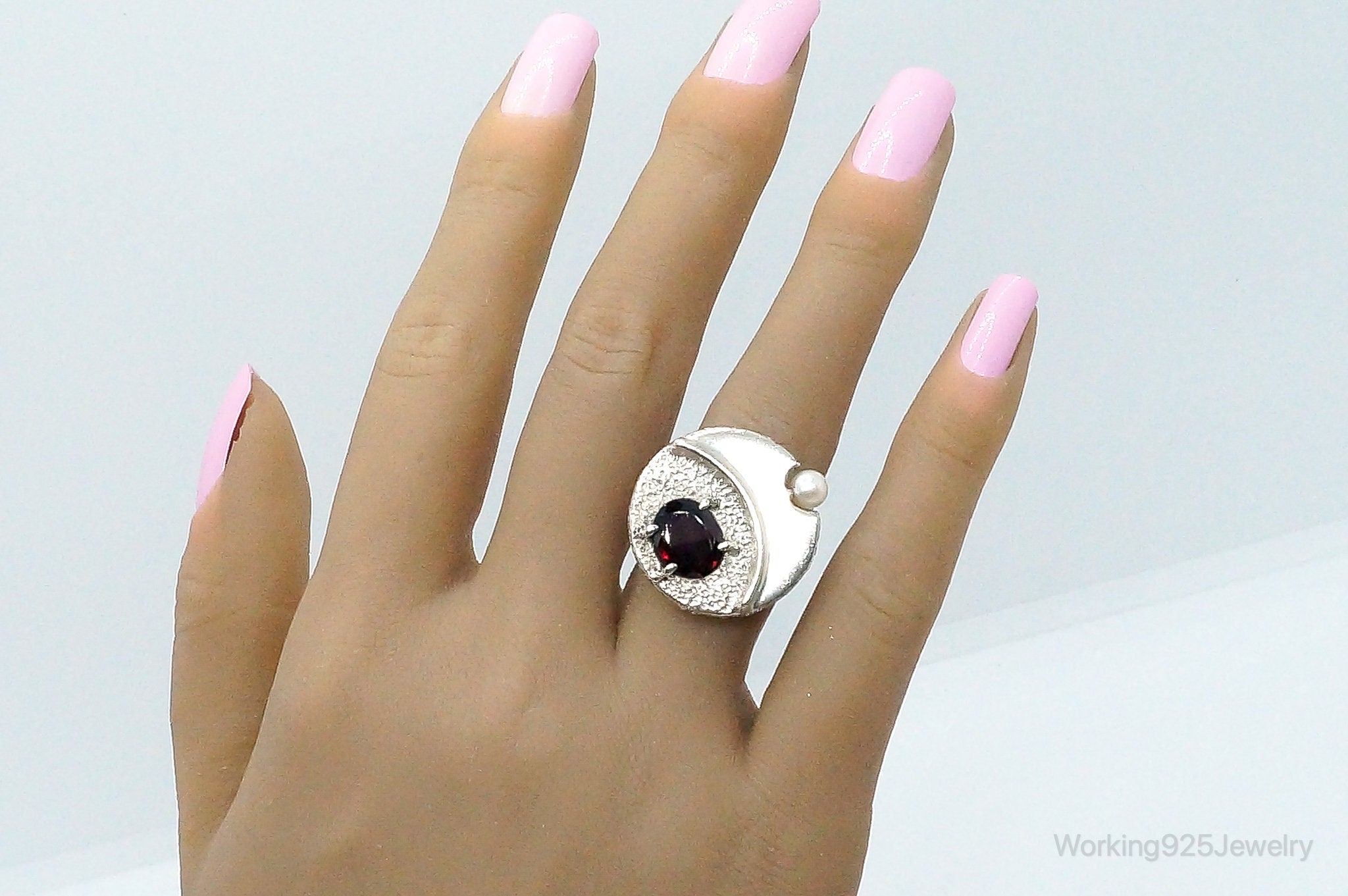 Vintage Garnet Pearl Sterling Silver Ring - Size 6