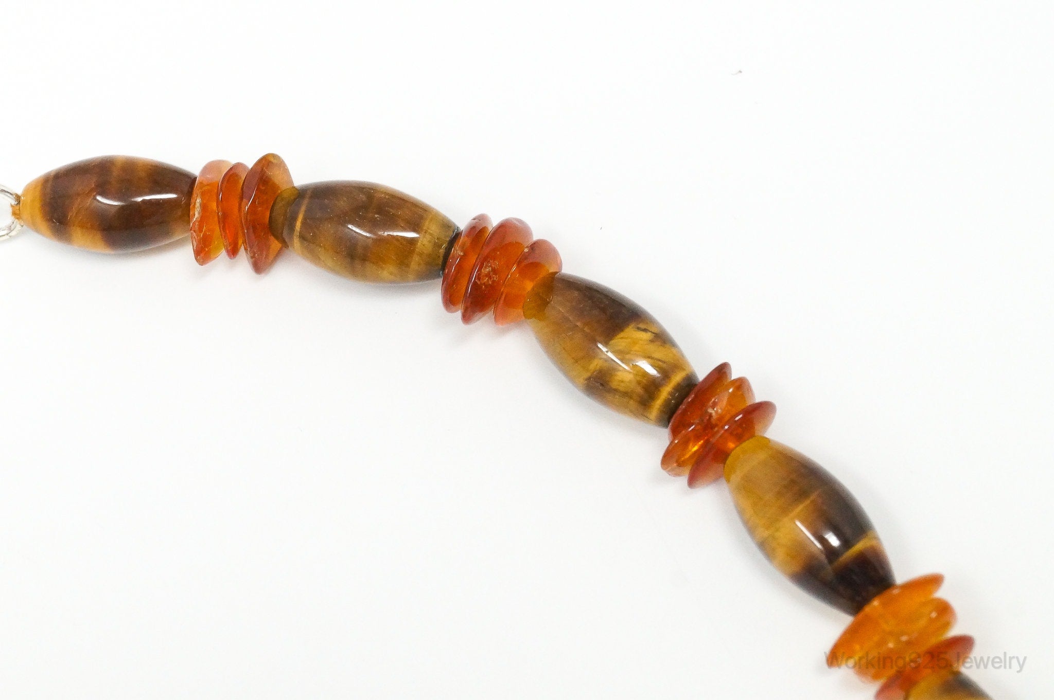 Vintage Designer GSJ Amber Tigers Eye Beads Sterling Silver Necklace