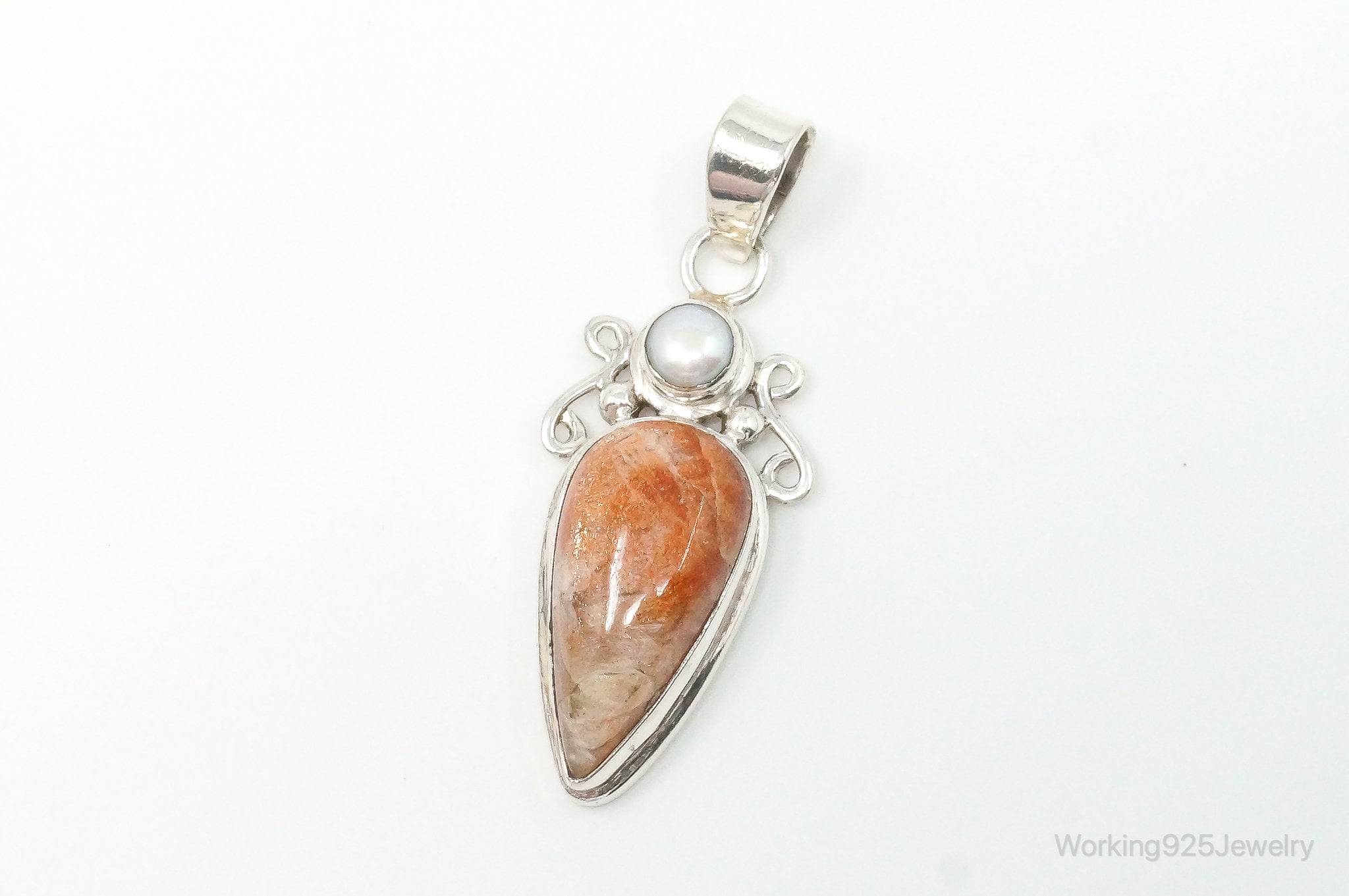 Large Vintage Sunstone Pearl Sterling Silver Pendant