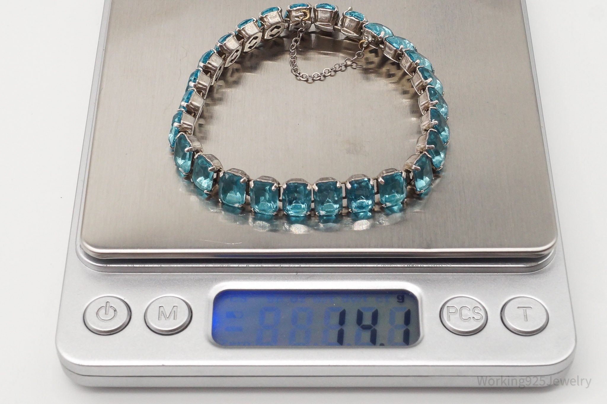 Antique Blue Glass Stones Sterling Silver Statement Bracelet