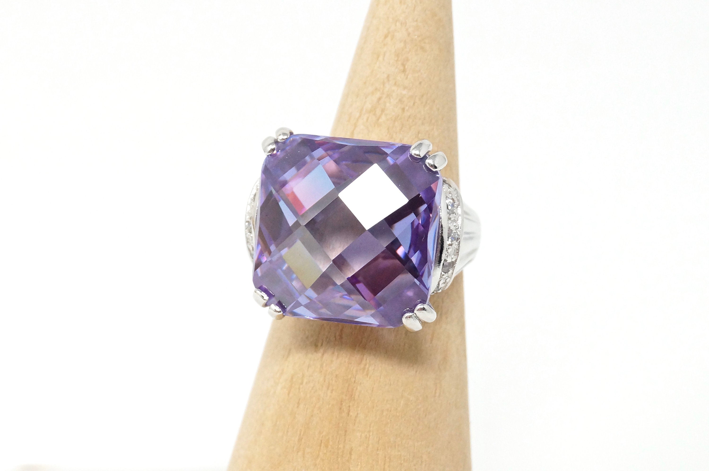 Vintage Designer FAS Large Amethyst CZ Statement Sterling Silver Ring Size 7