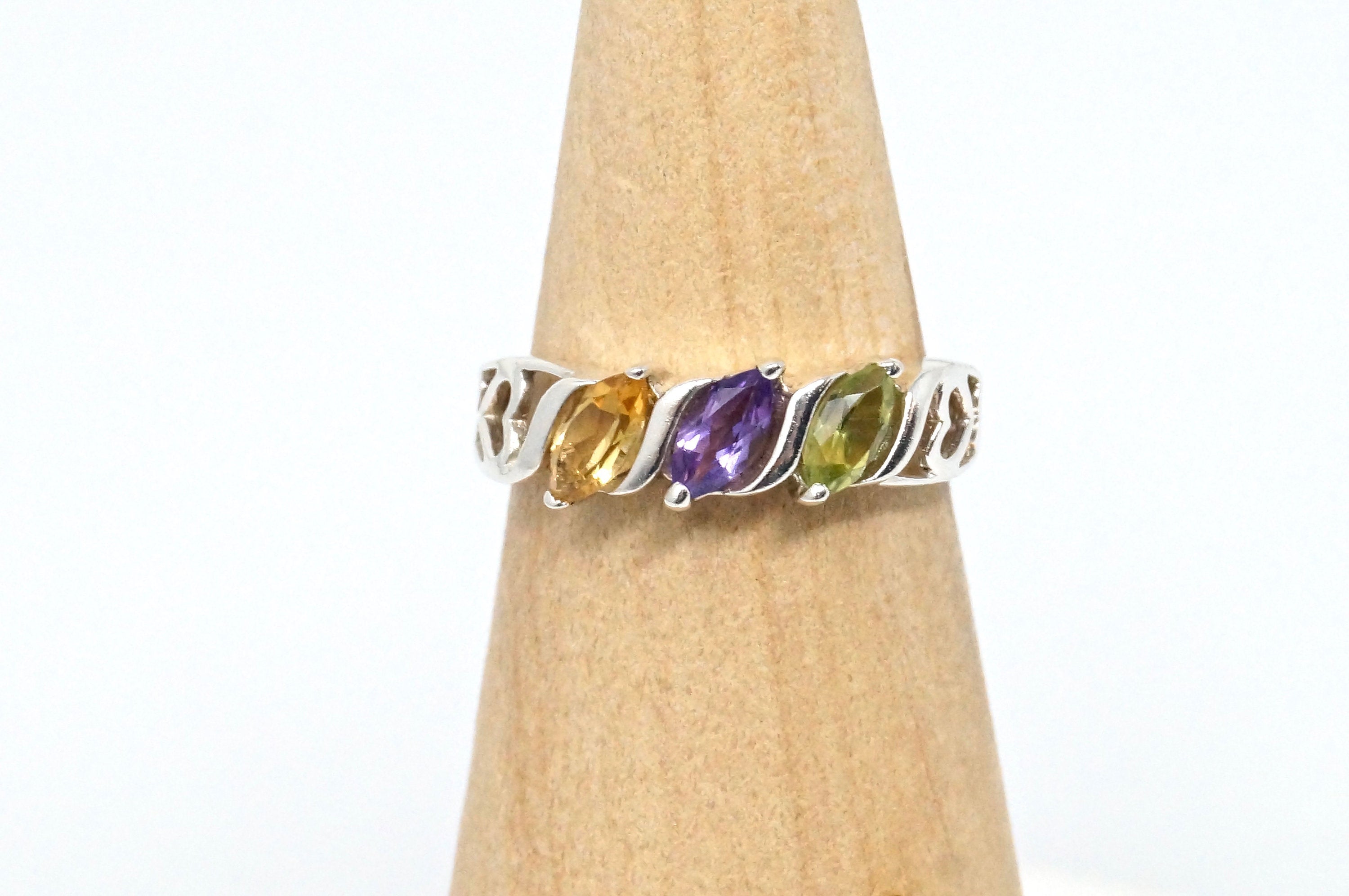 Vintage Amethyst Peridot Citrine Heart Cut Out Design Sterling Silver Ring Sz 6