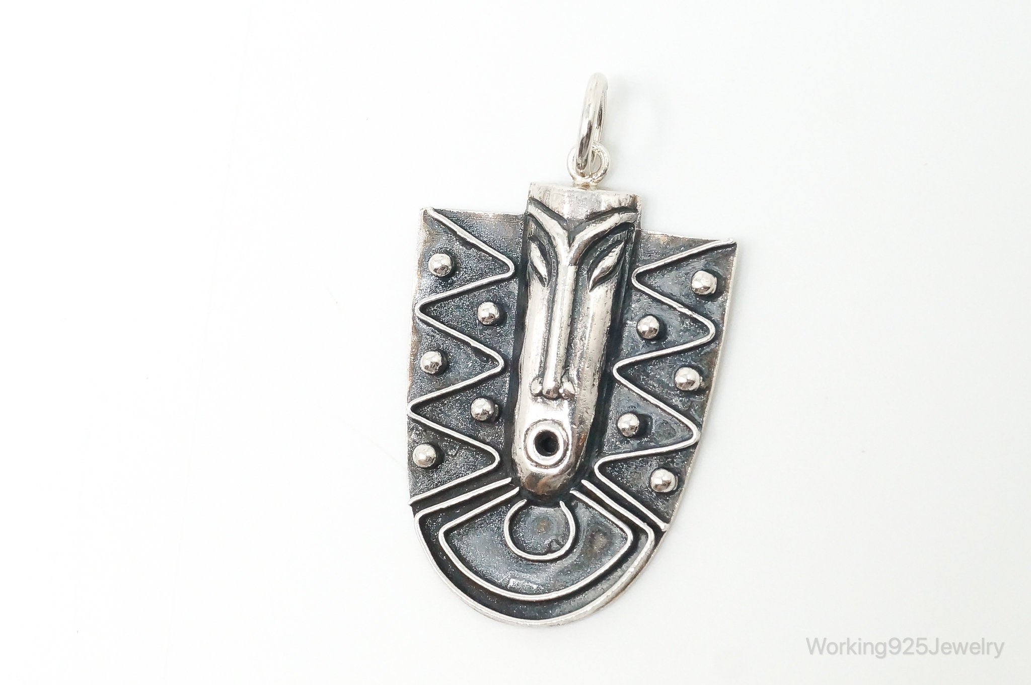 Vintage Aztec Style Mask Tribal Sterling Silver Necklace Pendant