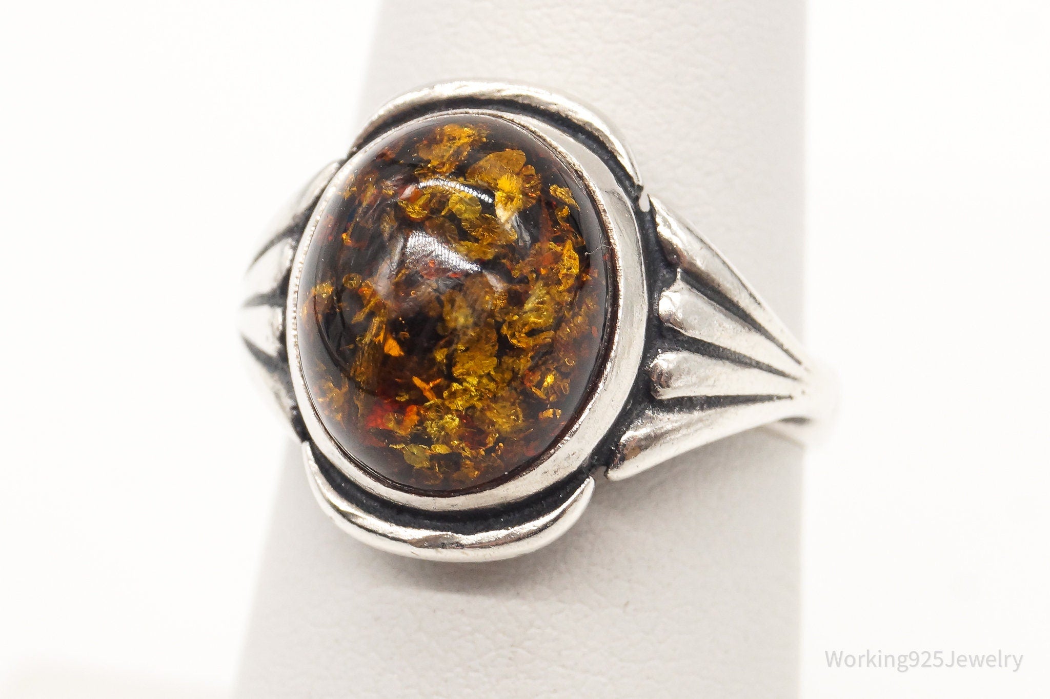 Vintage Amber Sterling Silver Ring - Size 6