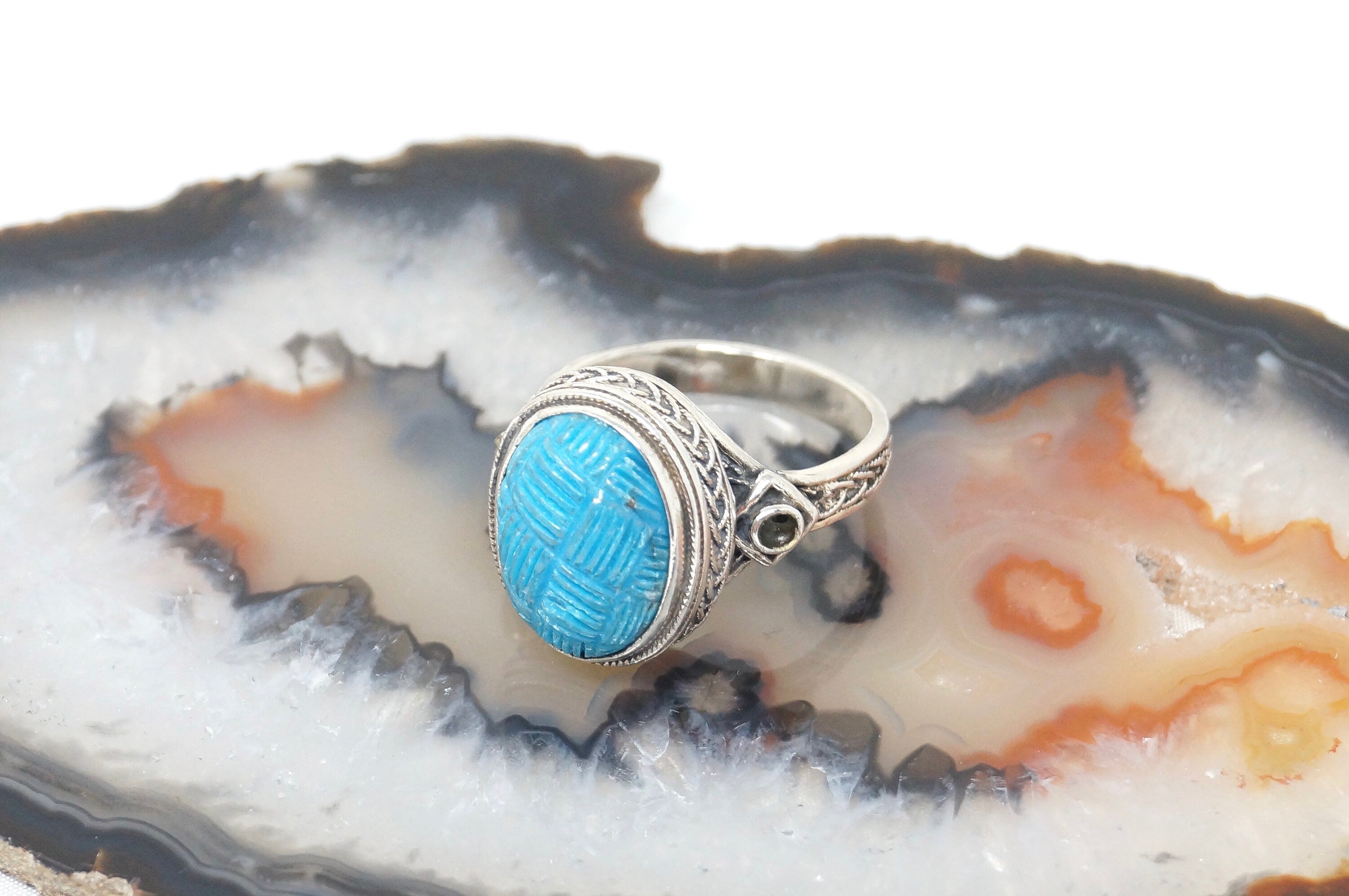 Vintage Designer Carved Turquoise Sterling Silver Ring - Size 10