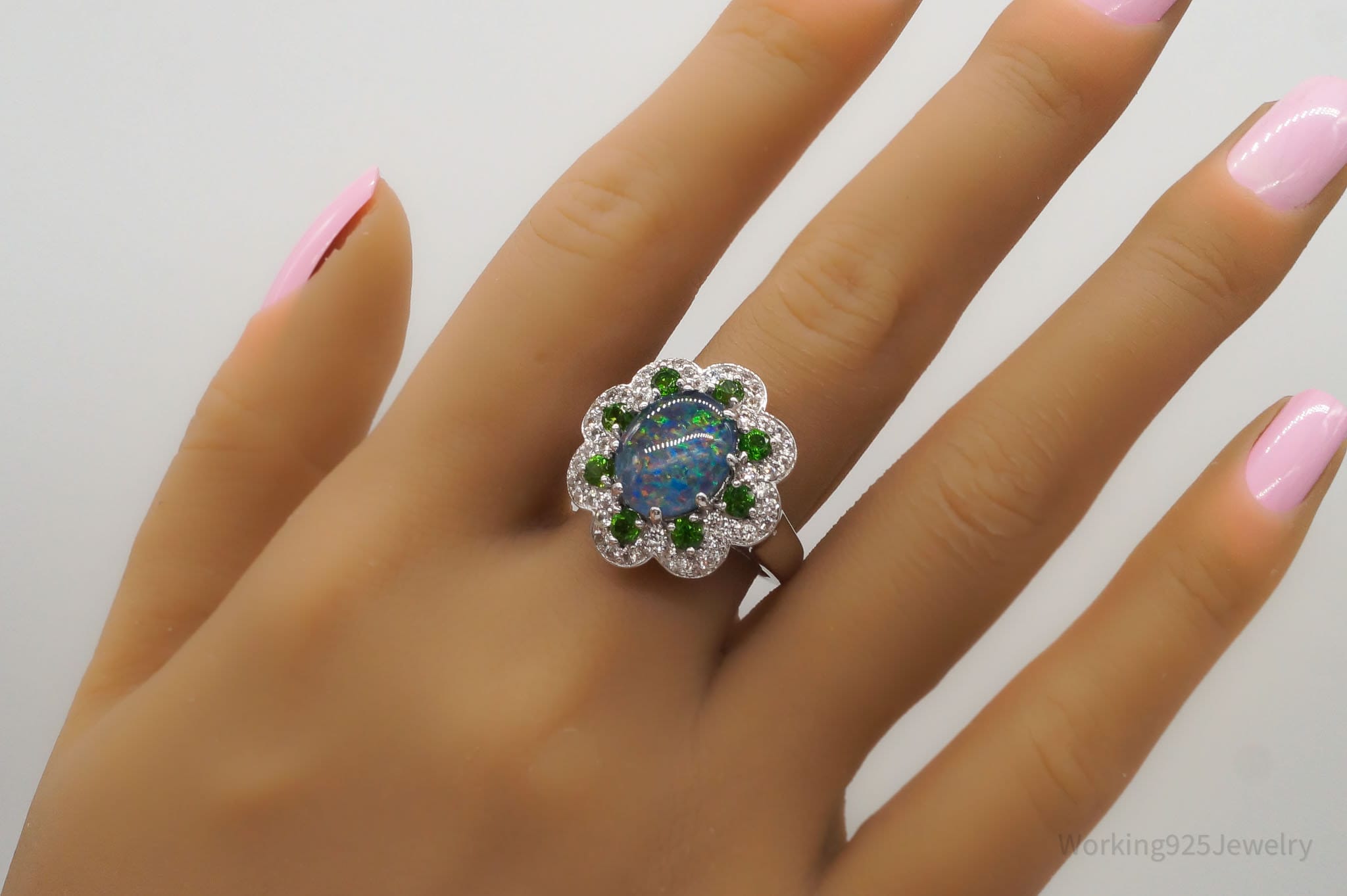 Designer Opal Emerald White Zircon Rhodium Over Sterling Silver Ring SZ 8.5