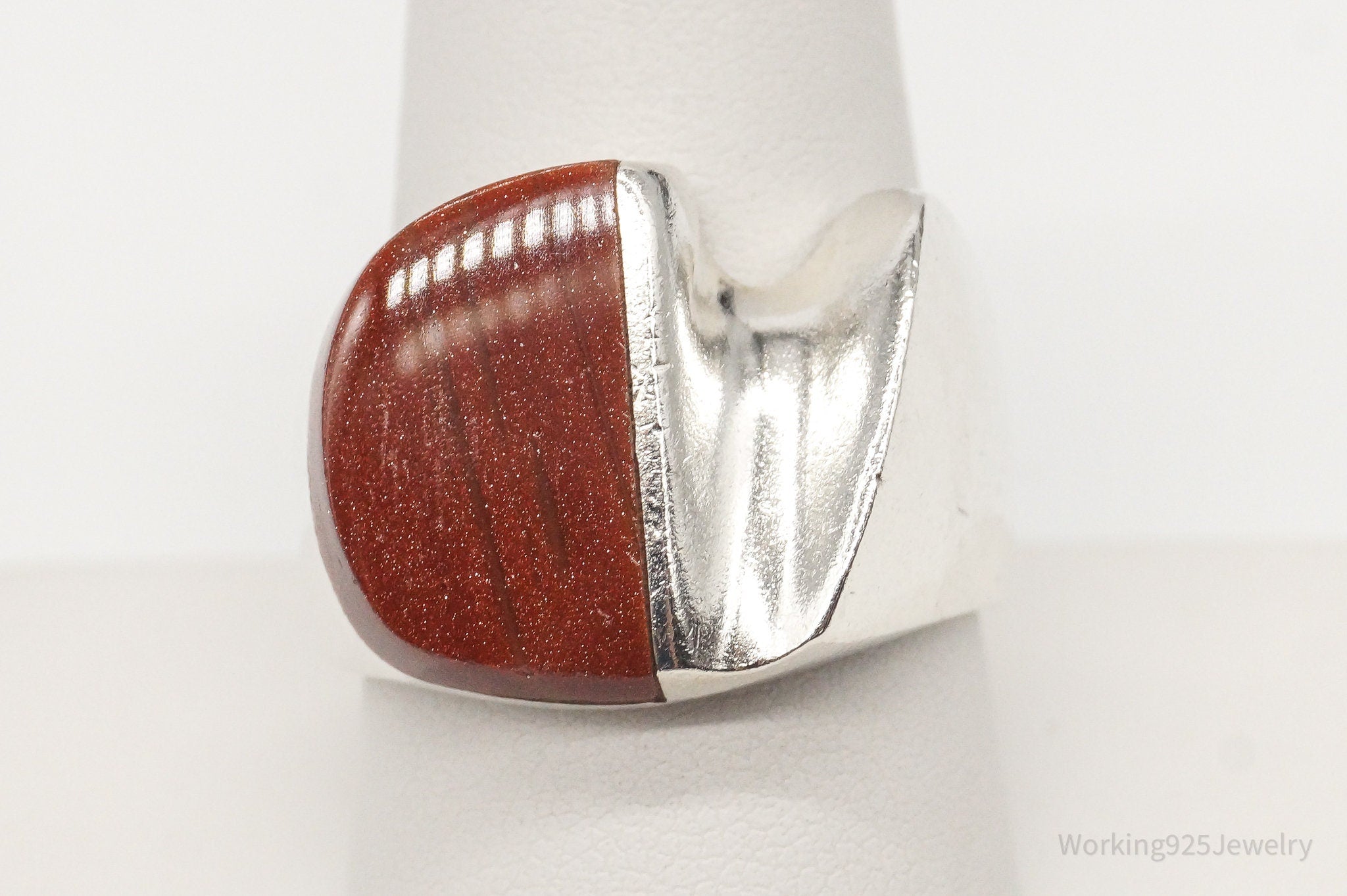 Large Vintage Mexico Goldstone Sterling Silver Ring - Size 9.75