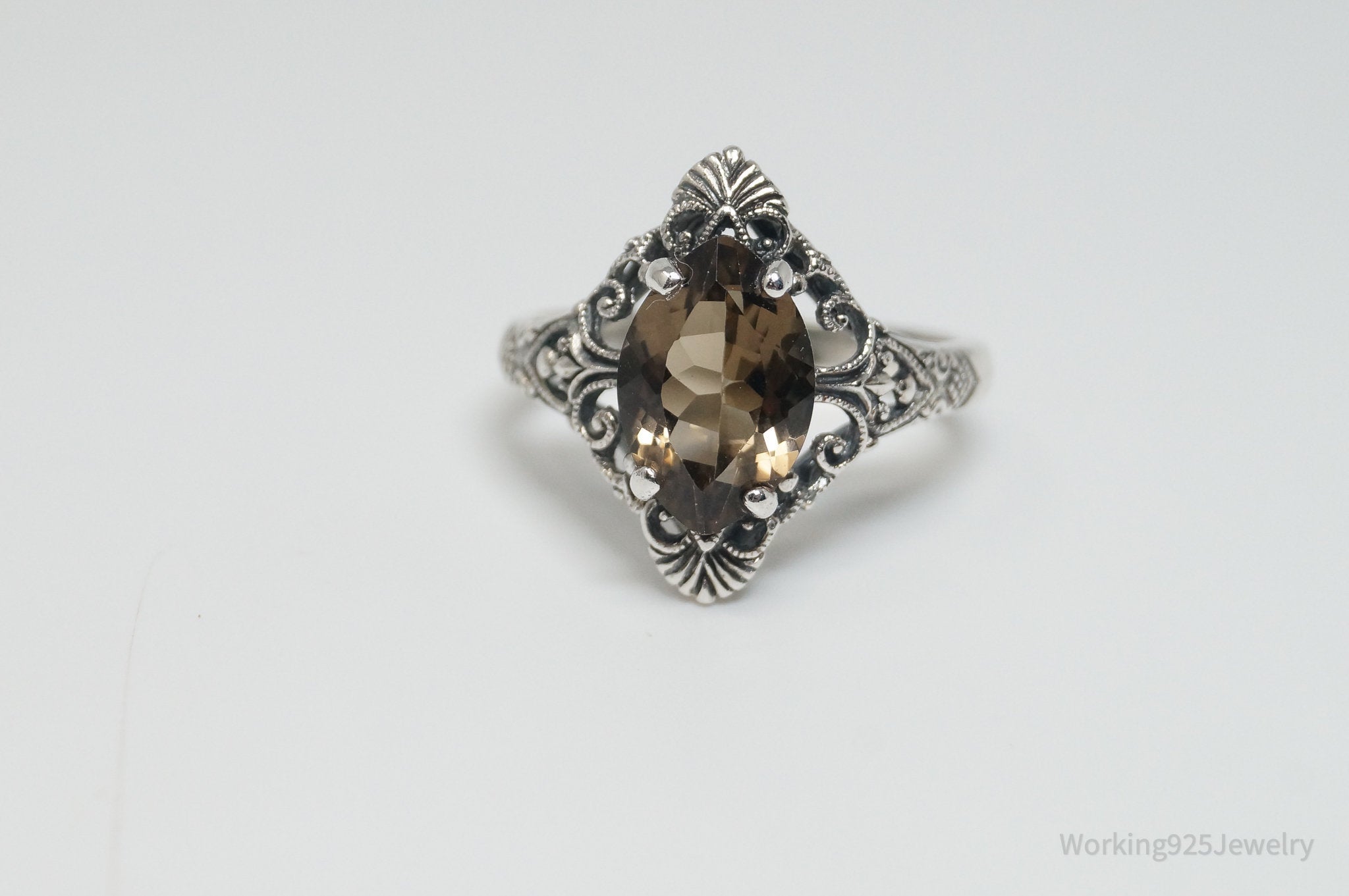 Vintage Designer CNA Smoky Topaz Scroll Sterling Silver Ring - SZ 9.75