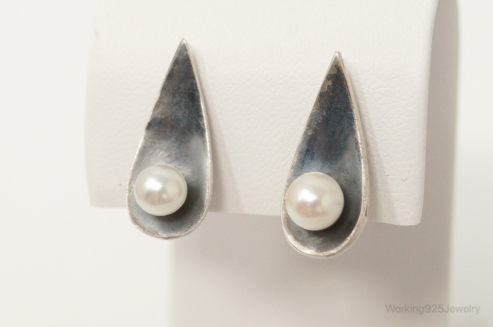 RARE Vintage Modernist Ed Wiener Pearl French Screw Back SterlingSilver Earrings