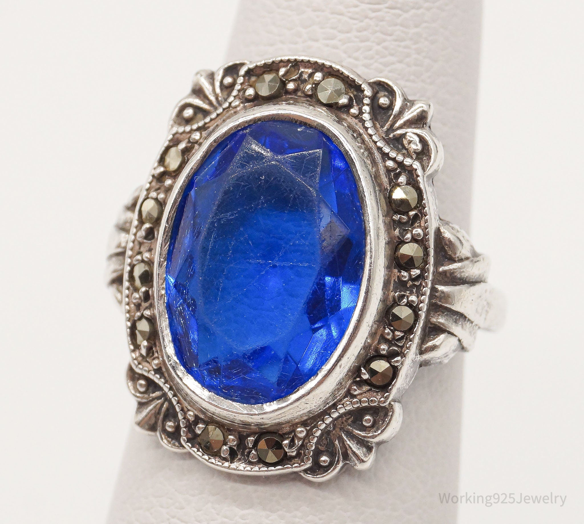 Antique Designer Uncas Blue Glass Marcasite Sterling Silver Ring - Size 5.25